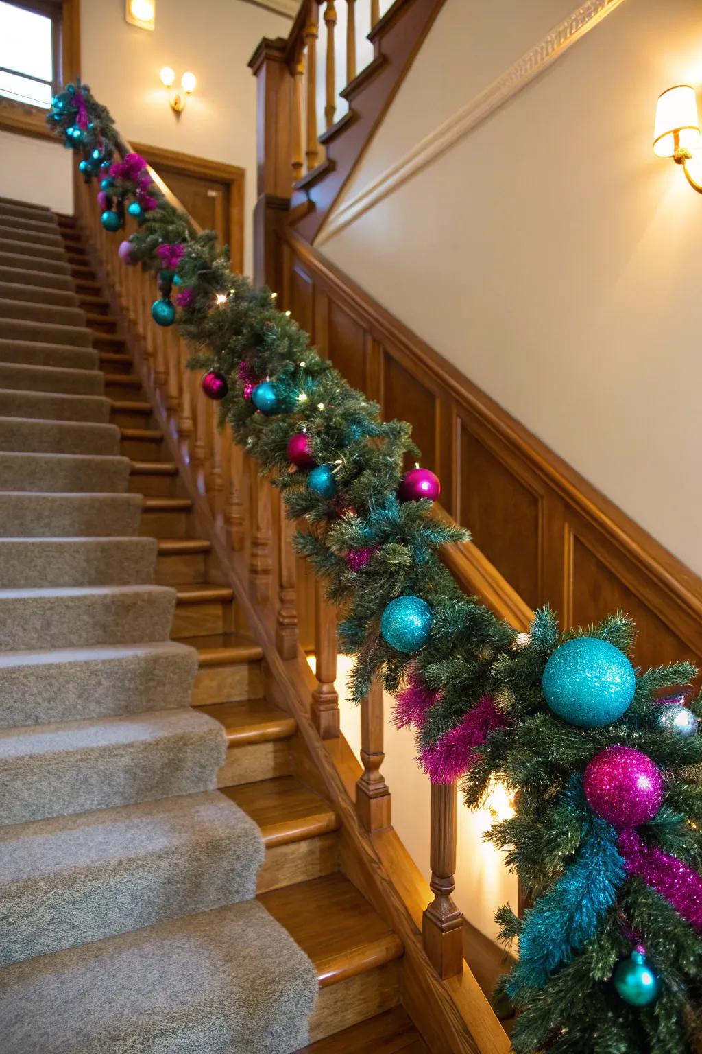 Elevate your staircase with a touch of elegance using sparkling garlands and festive baubles. #StaircaseDecor #HolidayHome