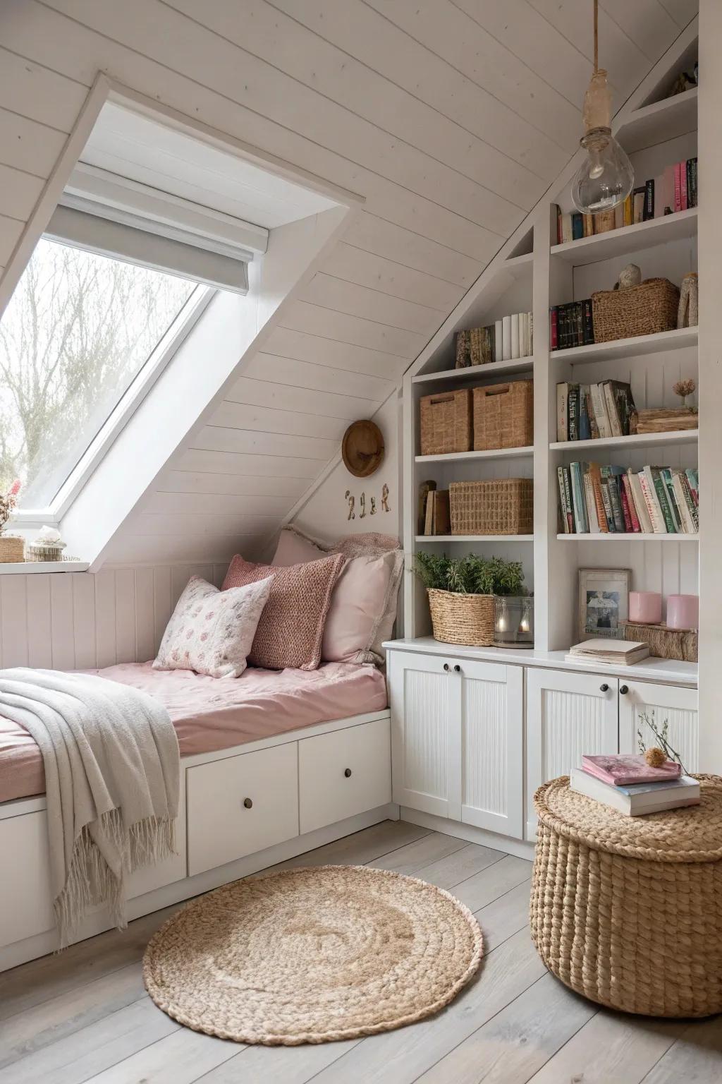 Smart storage solutions make this attic bedroom both functional and stylish. 📚 #SmallSpaceLiving #Storage
