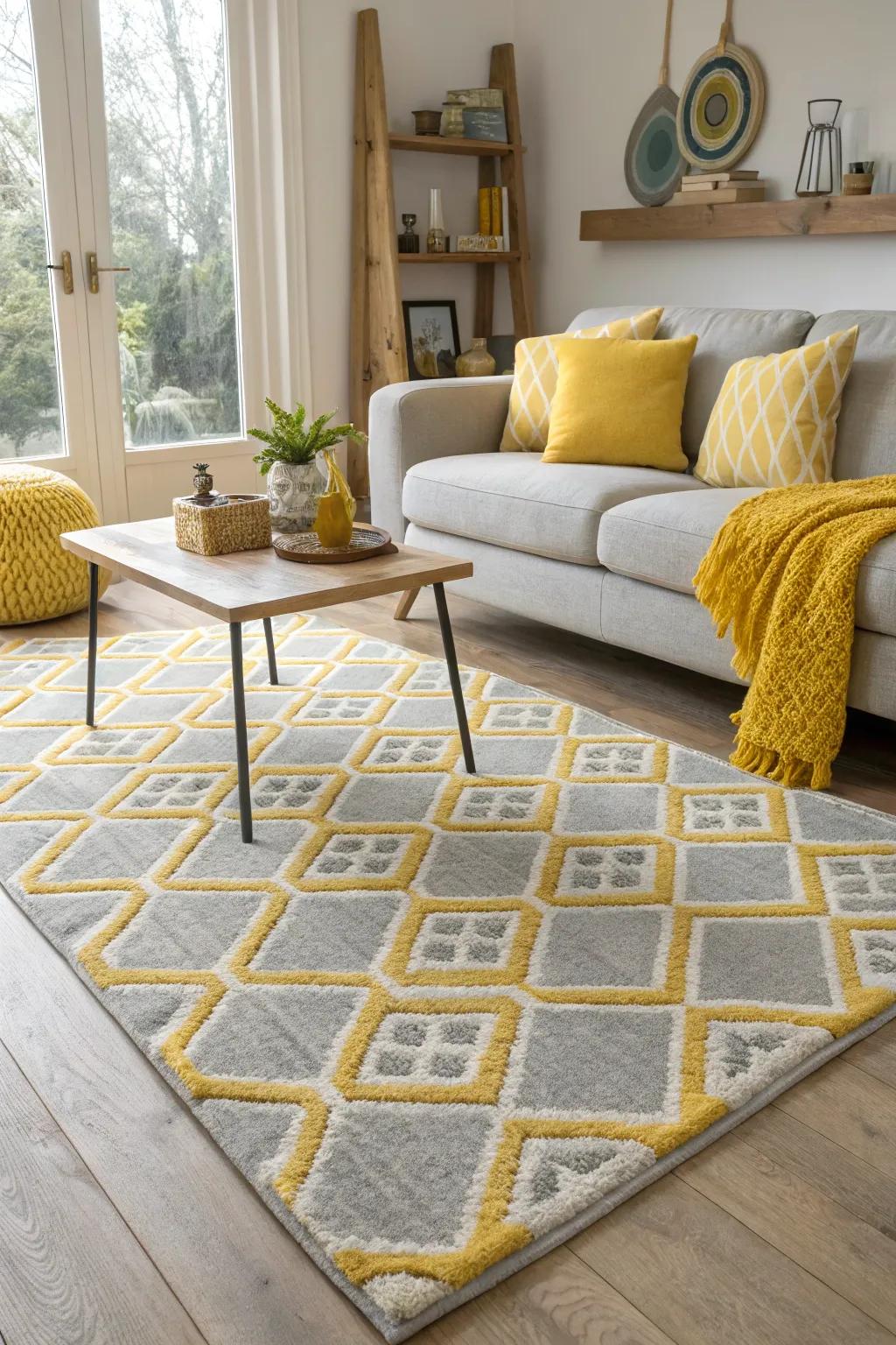 Ground your space with a chic grey and yellow patterned rug. It's the perfect foundation for any room.