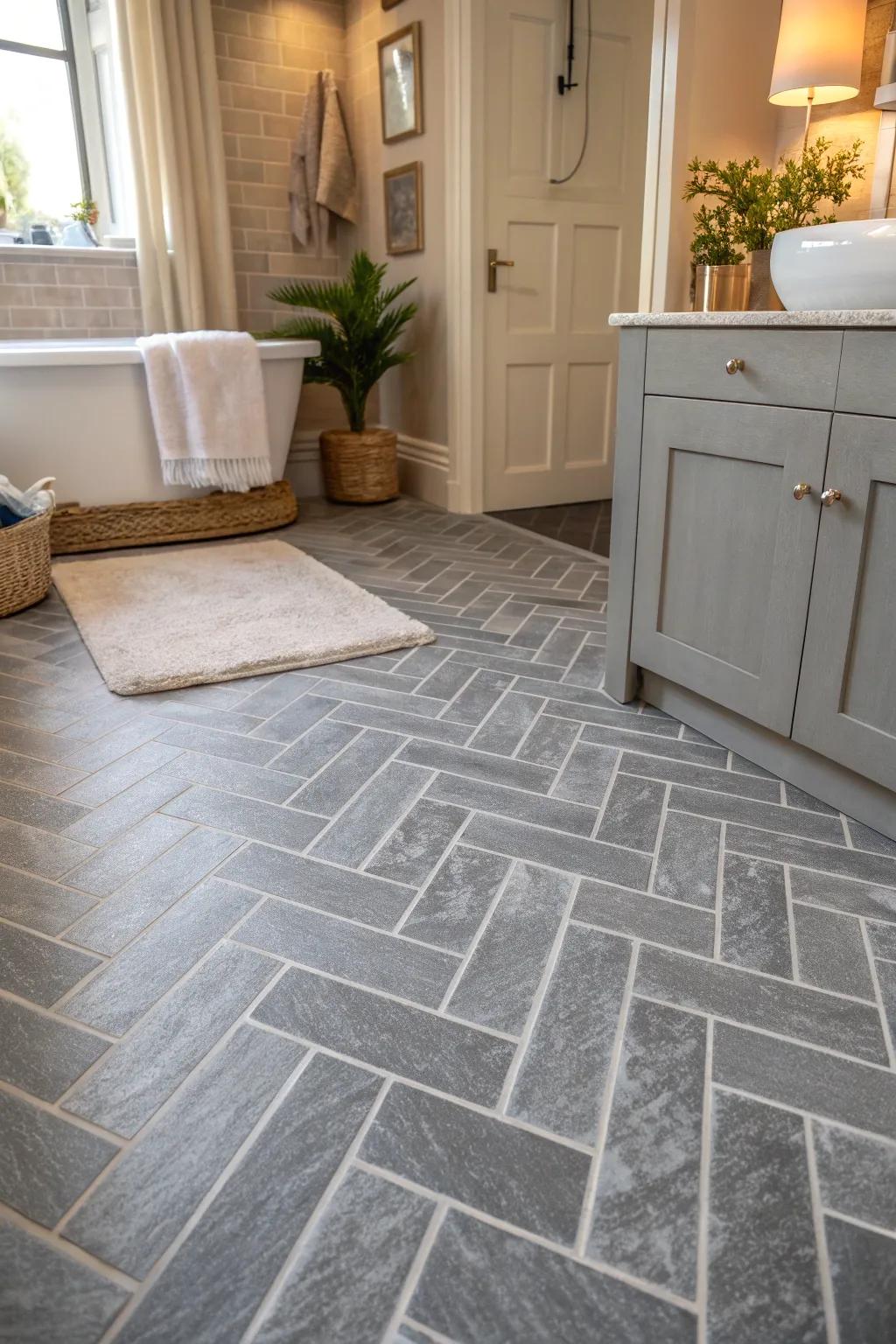 A herringbone pattern adds timeless sophistication to your bathroom floors. #InteriorDesign #GreyTiles