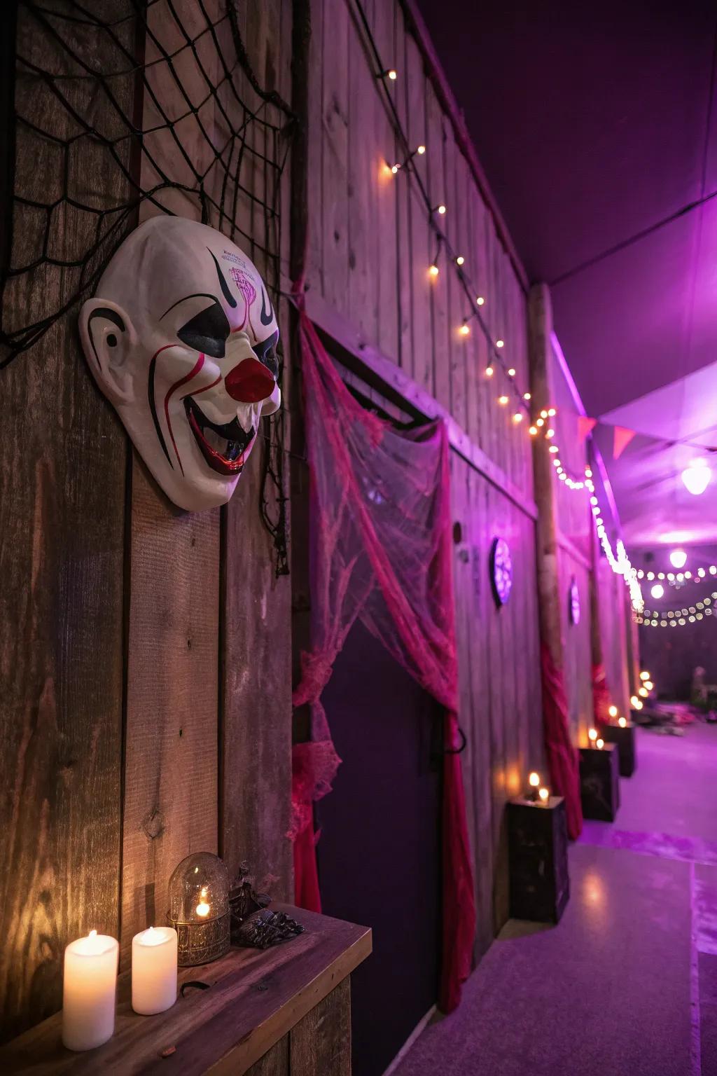 Transform your walls with haunting clown masks for a spine-chilling effect. #SpookySeason #HalloweenVibes