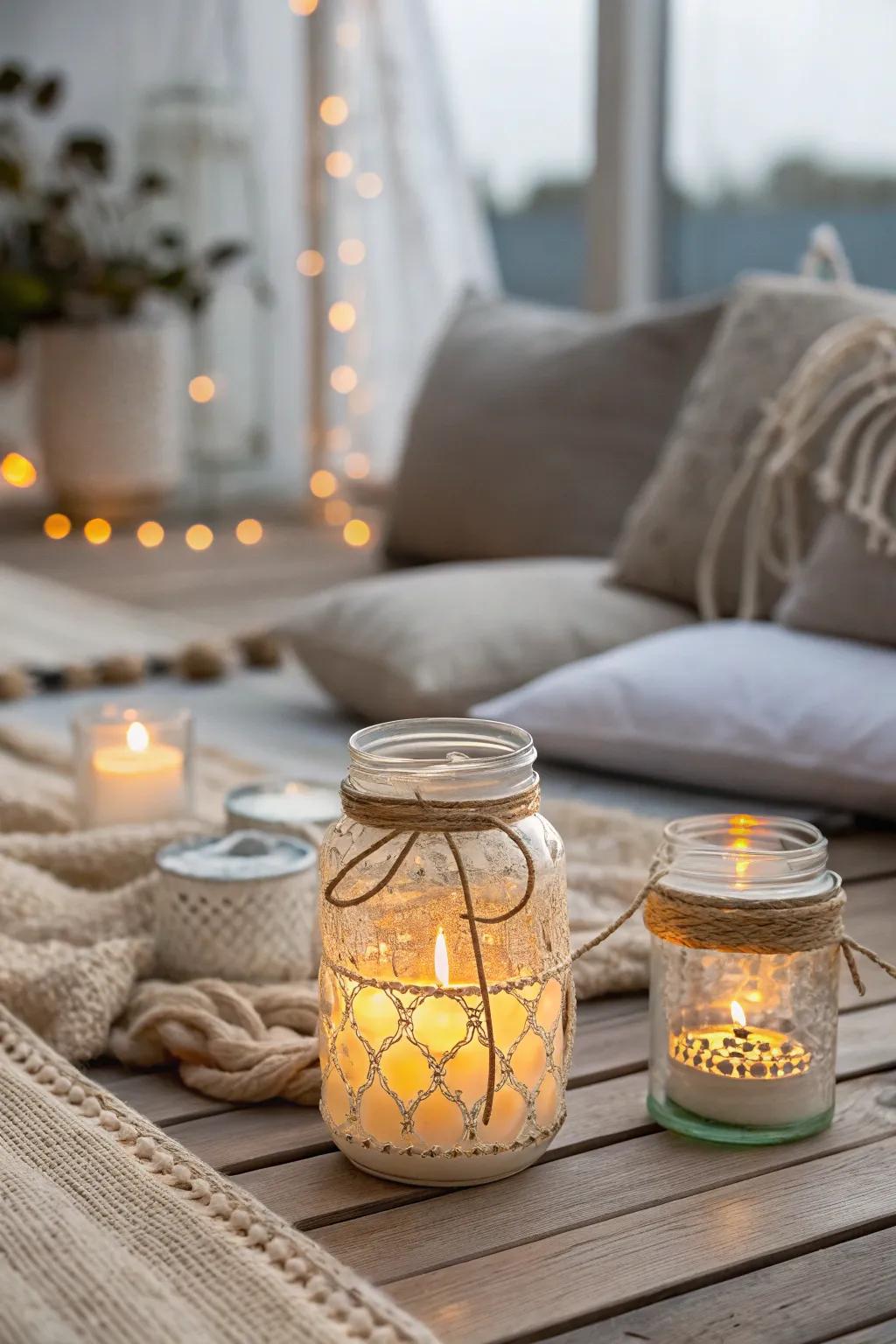 Illuminate your space with DIY mason jar lanterns for a warm and inviting ambiance. 🌟 #MasonJarMagic #CozyLighting