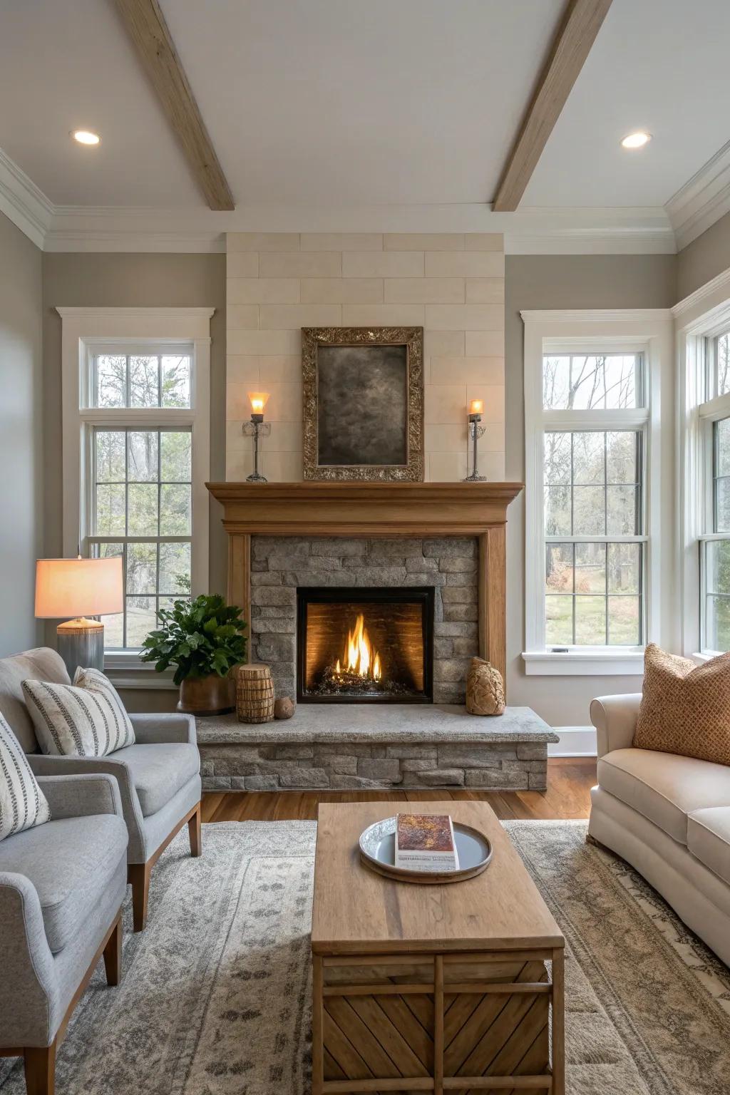 Neutral tones create a serene and welcoming hearth room. #CozyVibes #NeutralDecor