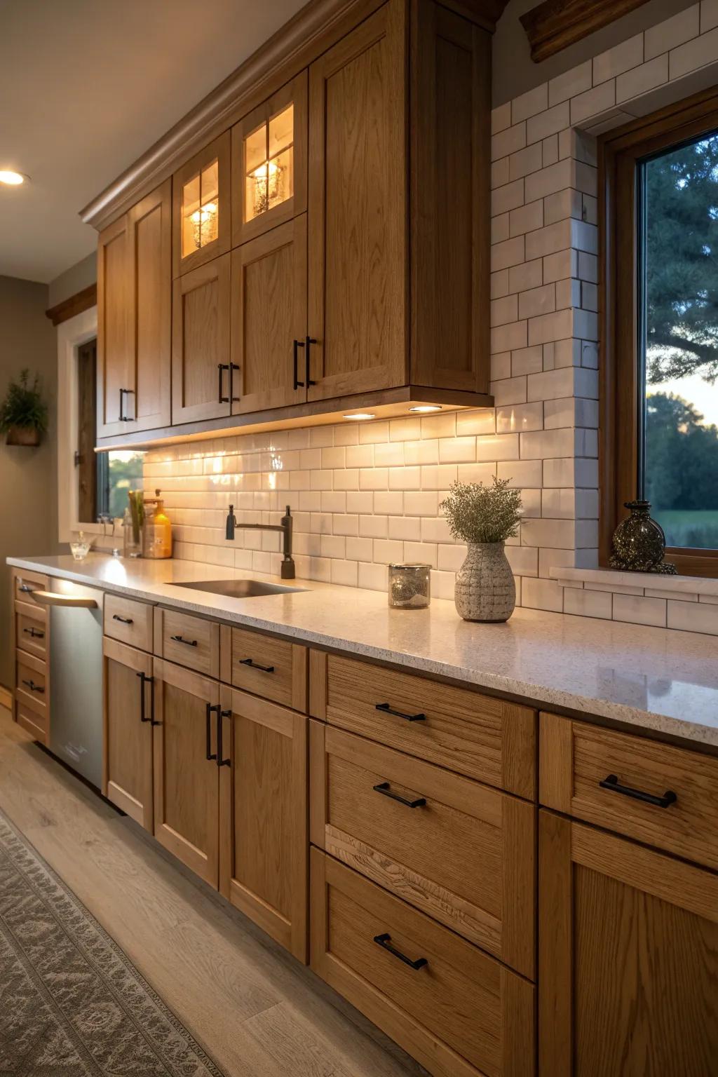 A tile backsplash adds elegance and sophistication to honey oak kitchens.
