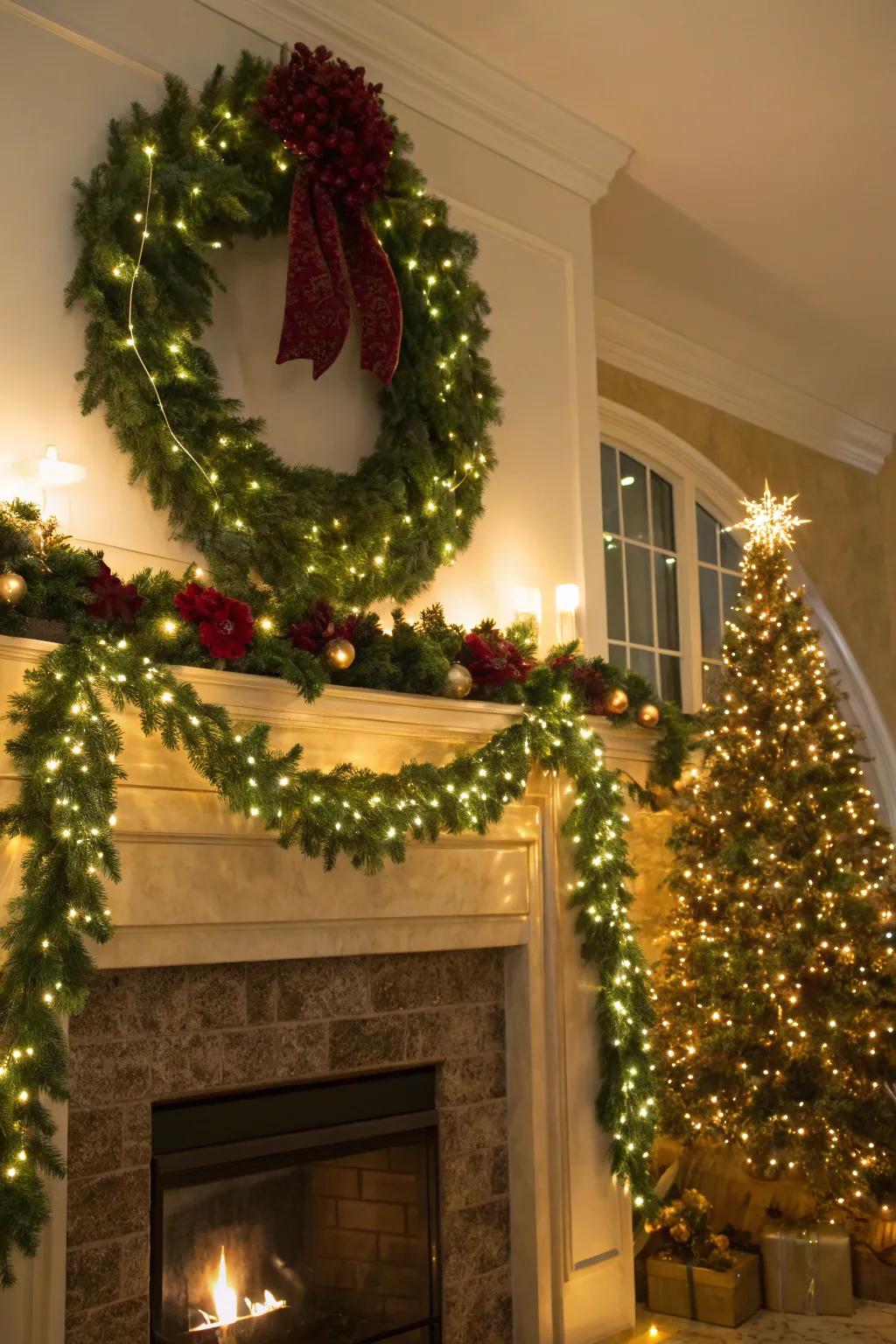 Transform your mantel into a holiday masterpiece with twinkling lights and festive greenery. #MantelDecor #HolidayMagic