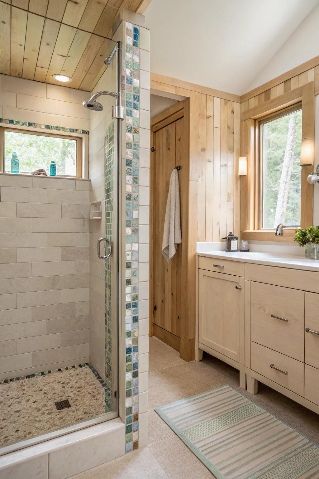 Brighten up your shower with eye-catching mosaic accents that add a unique touch. ✨ #MosaicMagic #ShowerStyle