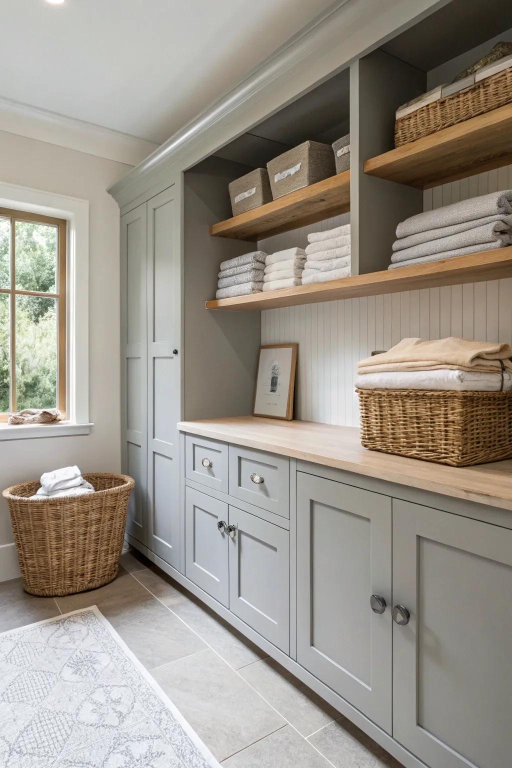 Embrace the soothing elegance of gray tones for a timeless laundry room. #LaundryRoom #GrayTones #HomeDecor