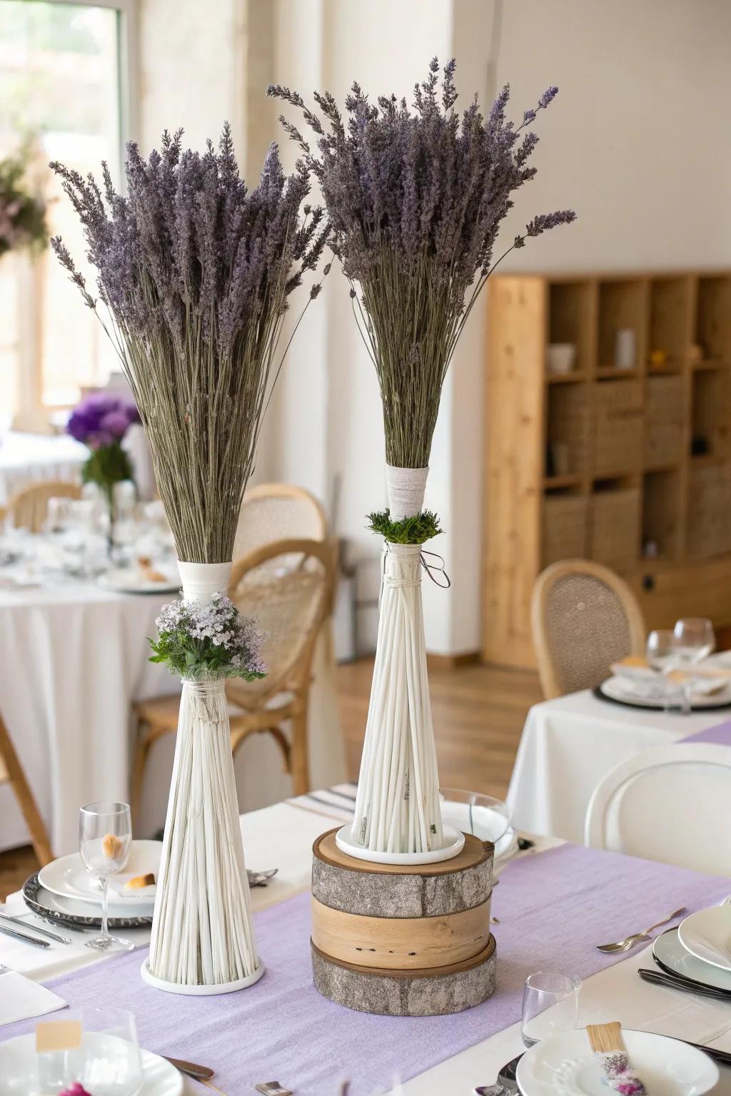 Tall lavender arrangements bring elegance and height to your wedding tables. 🌿✨ #WeddingDecor #LavenderLove