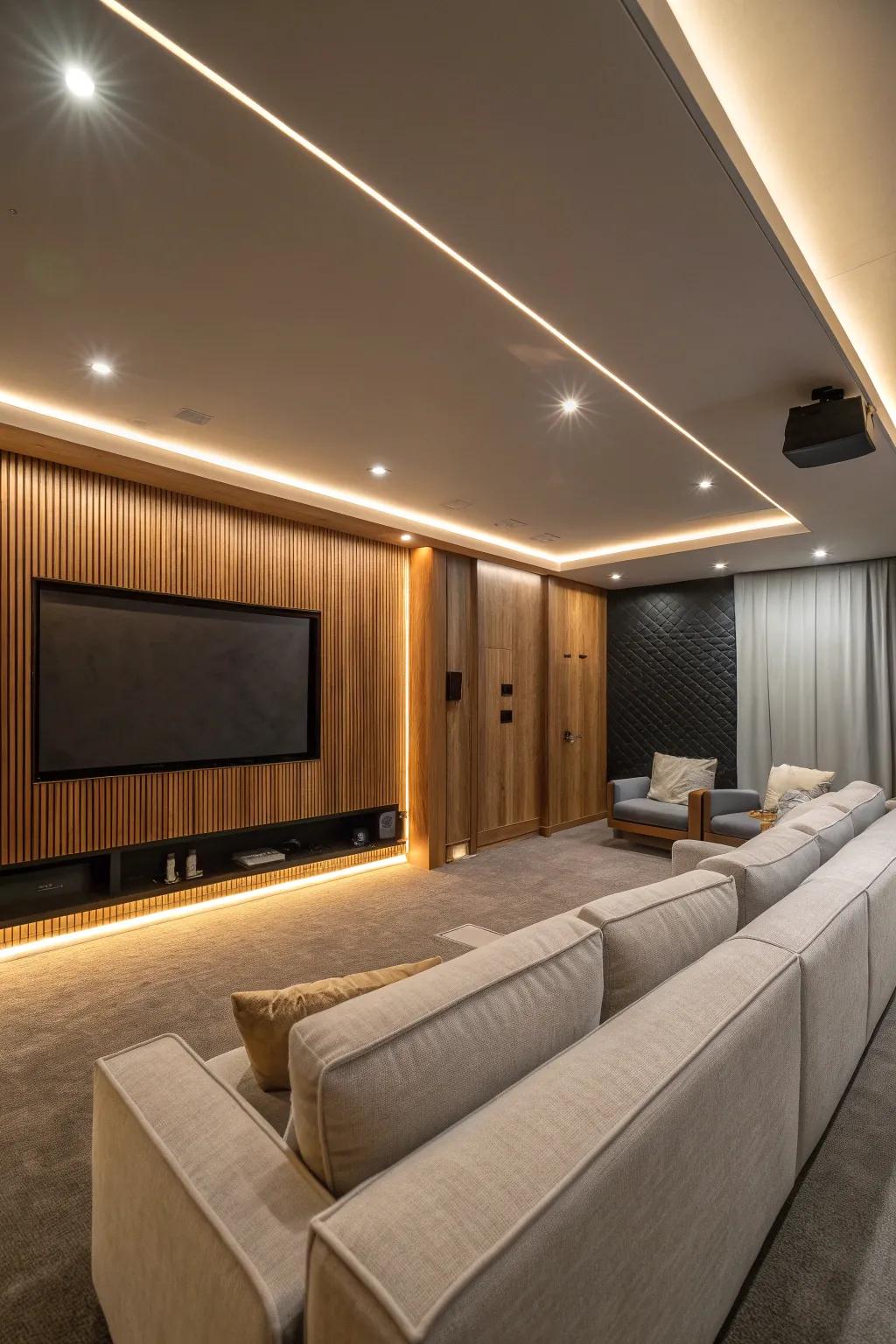 Create a dramatic focal point with accent wall lighting that draws all eyes to your screen. 🌟 #HomeTheater #LightingDesign
