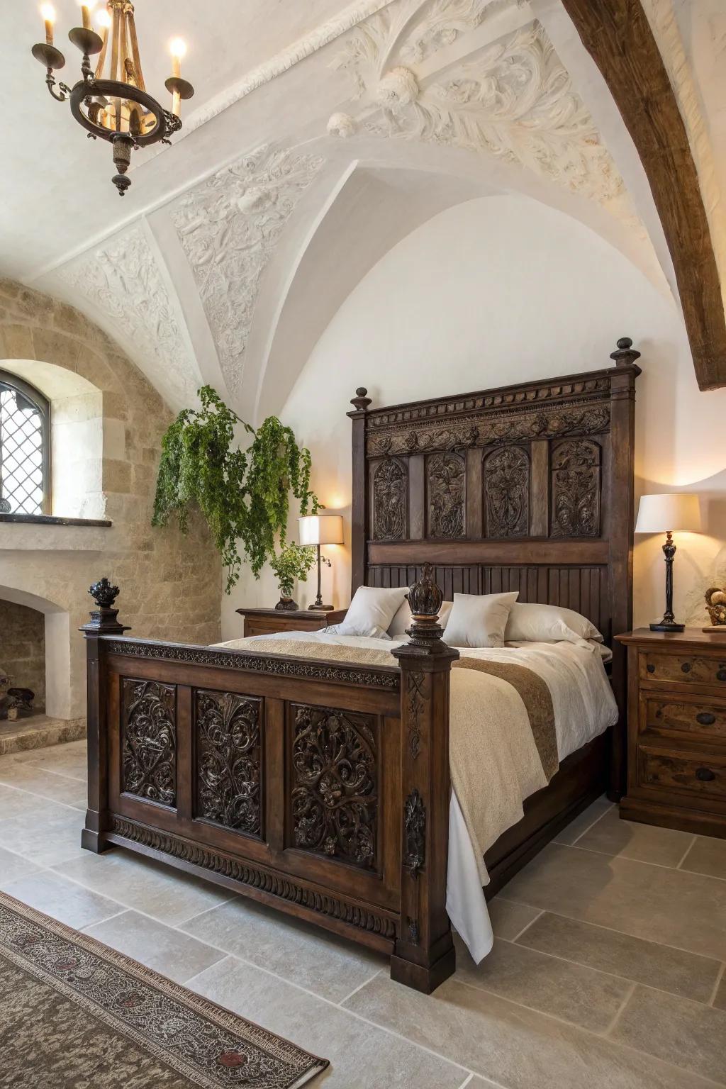 Add a touch of medieval majesty with richly carved dark wood furniture, perfect for any noble's chamber.