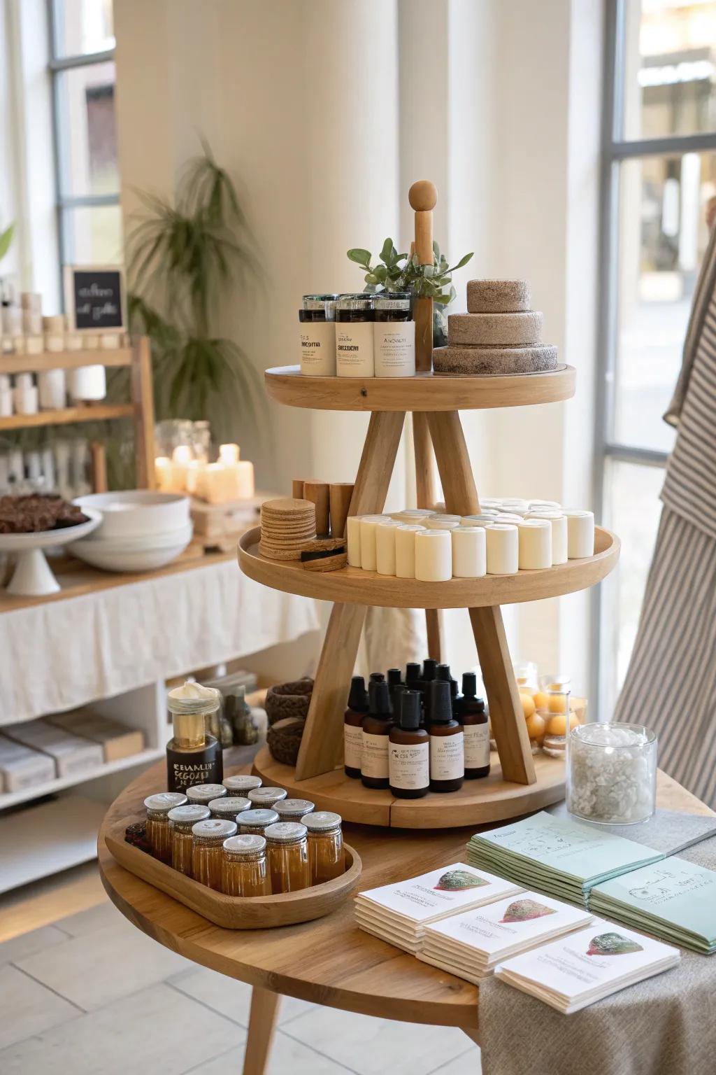 Tiered table displays add depth and highlight your favorite products. #TableDisplay #MerchandisingMagic #InteriorDesign