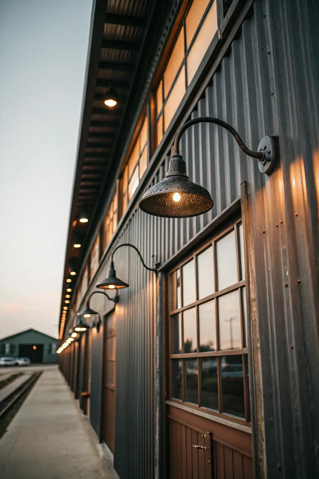 Industrial gooseneck fixtures add a stylish touch while perfectly lighting up your metal building's exterior. ✨ #IndustrialStyle #OutdoorLighting