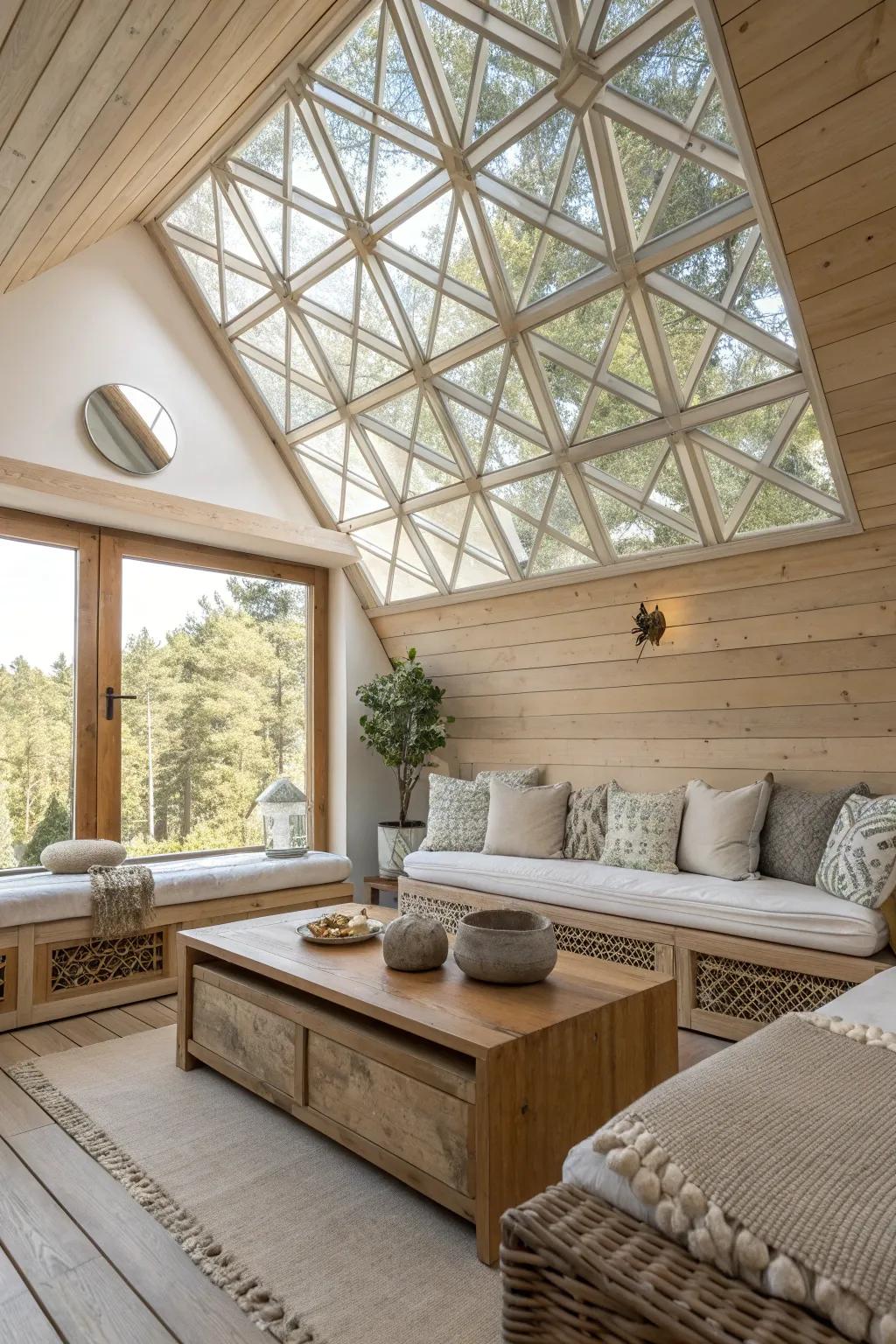 Add a modern twist with geometric mirror patterns that captivate and inspire. #CeilingDesign #ArtisticInteriors