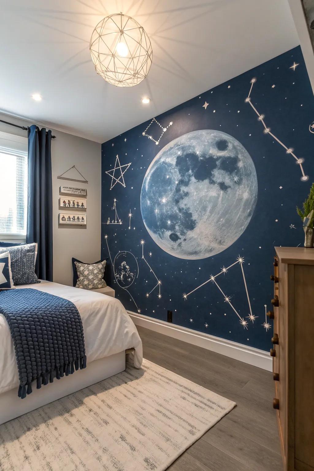 Ignite his imagination with a space-themed room that's out of this world. 🚀 #SpaceTheme #BoysRoomInspiration #GalaxyDecor