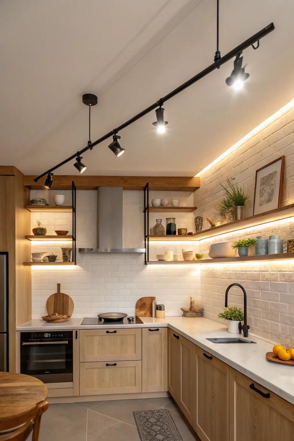Discover the versatility of track lighting and customize your kitchen's ambiance. #LightingDesign #HomeInspo #ModernKitchen