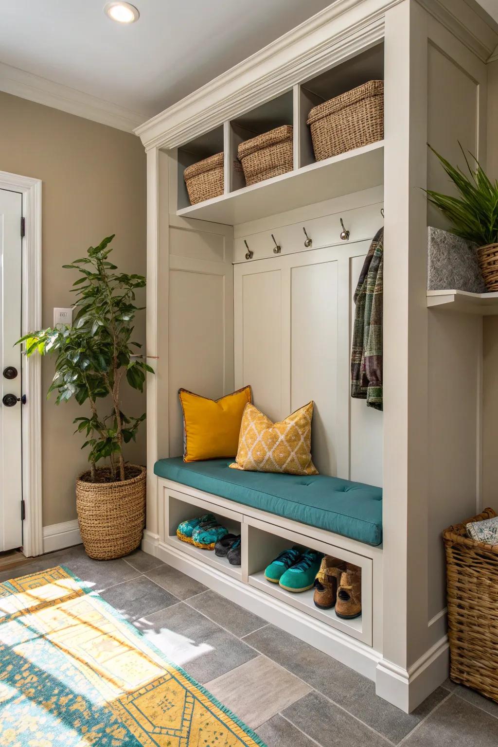 Relax and declutter with a seating area that doubles as hidden storage. 🛋️ #MudroomMagic #HomeGoals