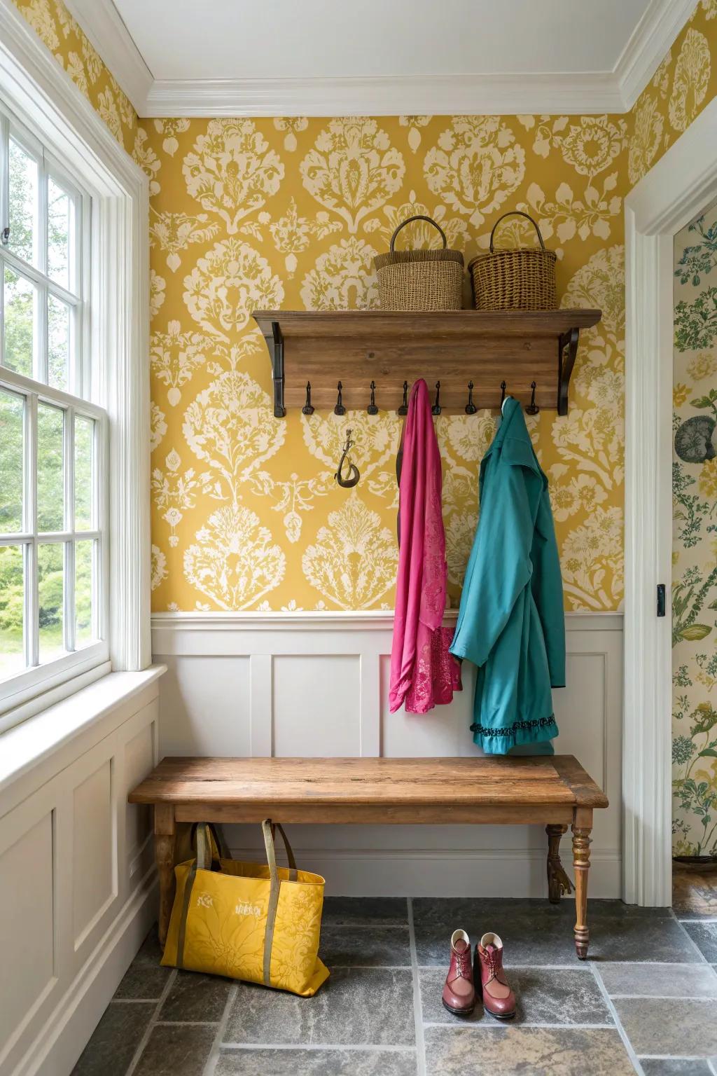 Step back in time with vintage wallpaper that brings timeless charm to your home. ✨ #VintageVibes #MudroomMagic