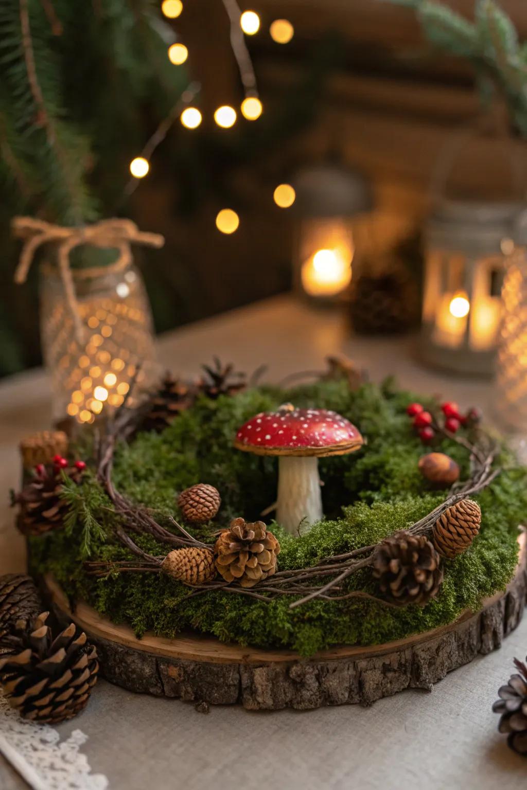 Create a warm welcome with a forest-inspired mushroom wreath that adds natural beauty to your entrance.