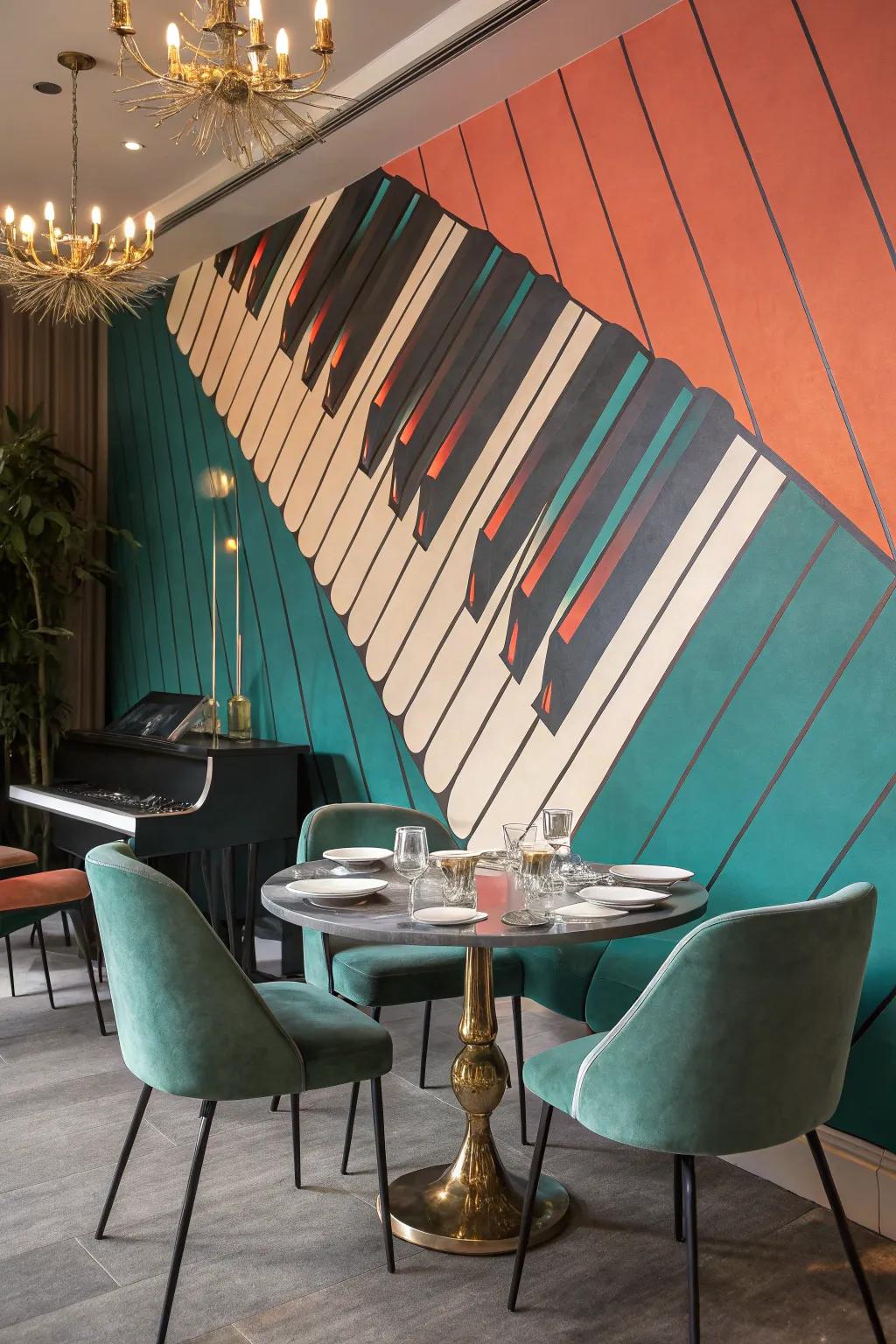 Create harmony in your space with an abstract piano keys mural that sings with sophistication. 🎶 #PianoArt #HomeDecor