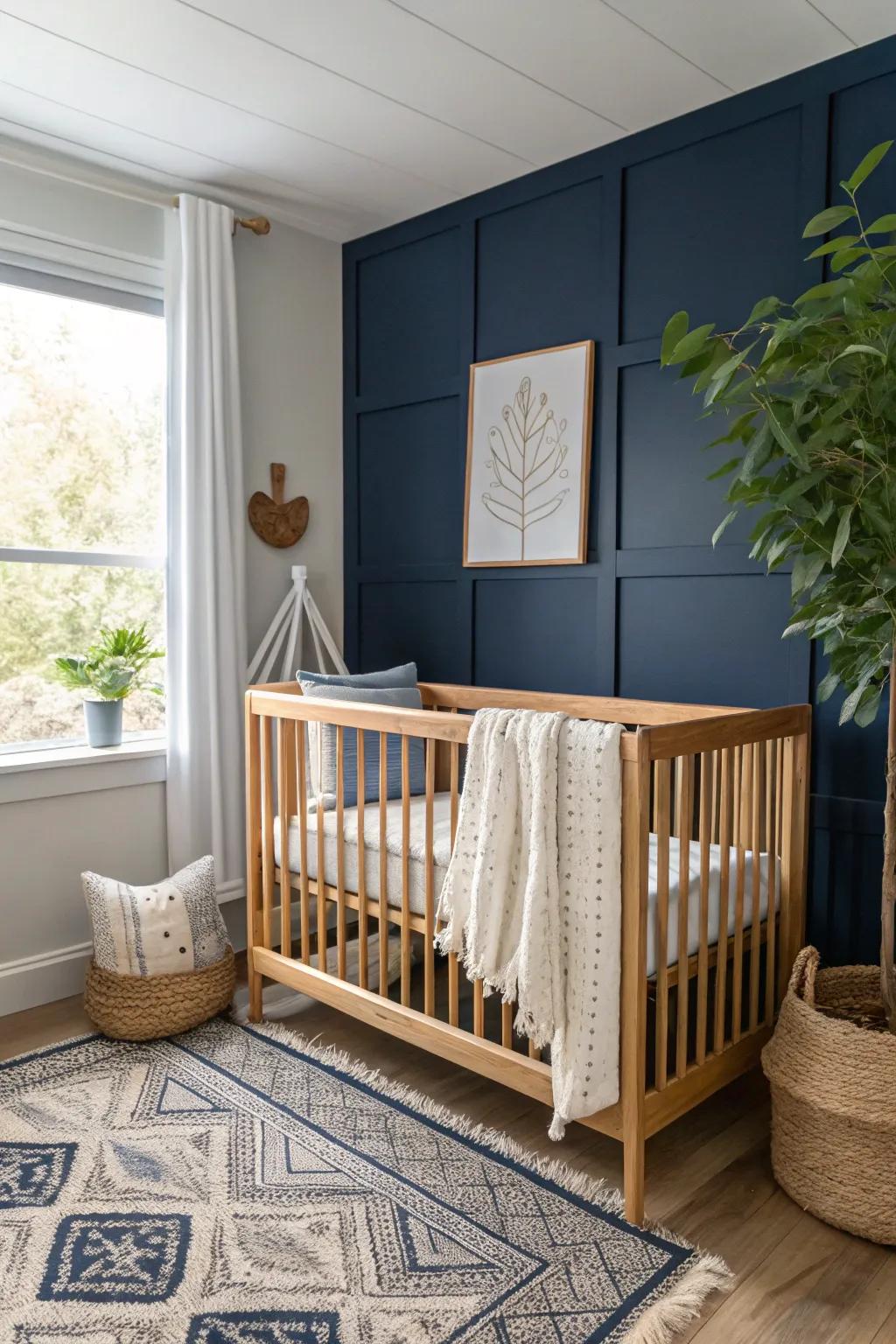 Wooden accents bring warmth and a natural touch to the navy-themed nursery.