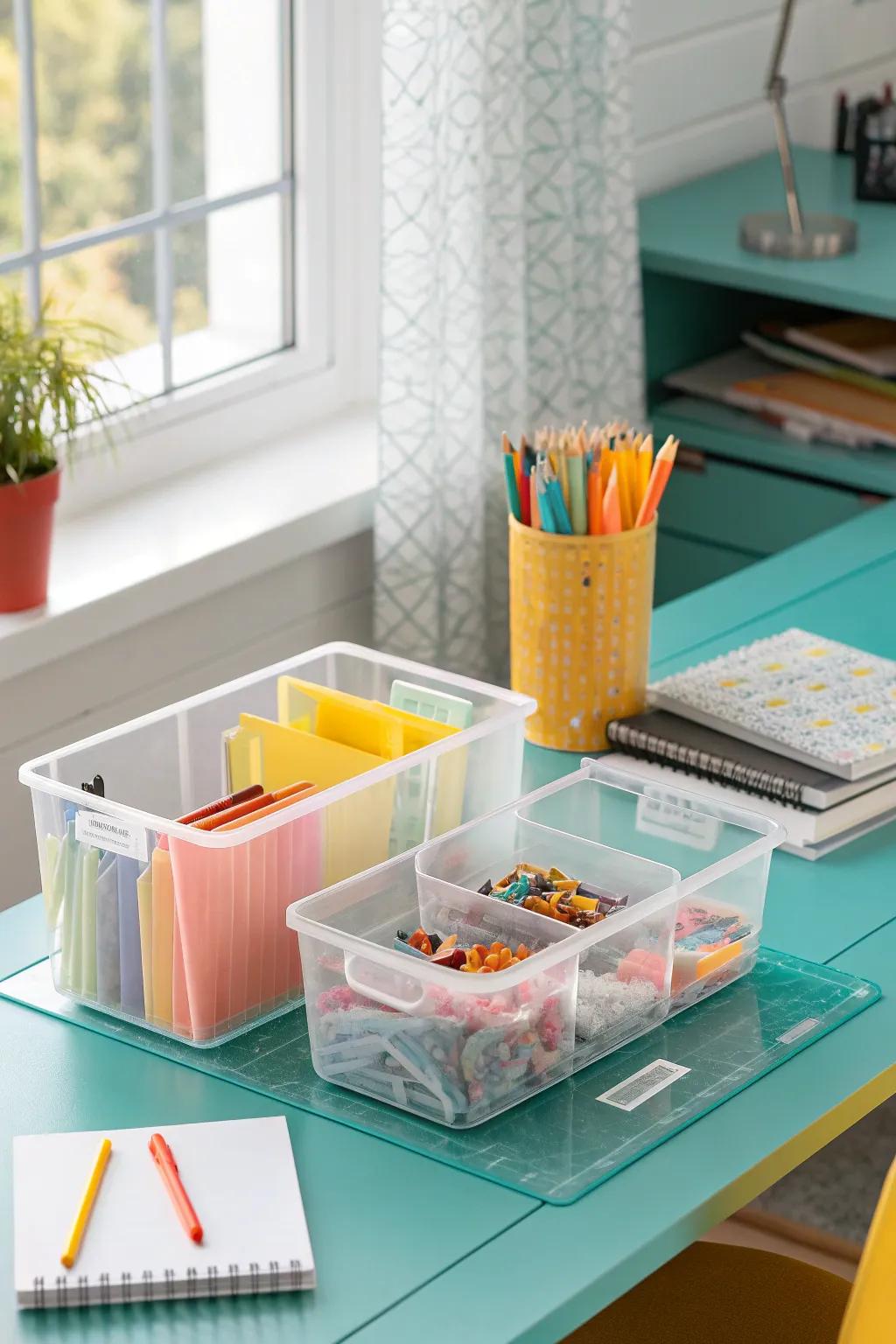 See everything at a glance with clear bins that keep your supplies in check.