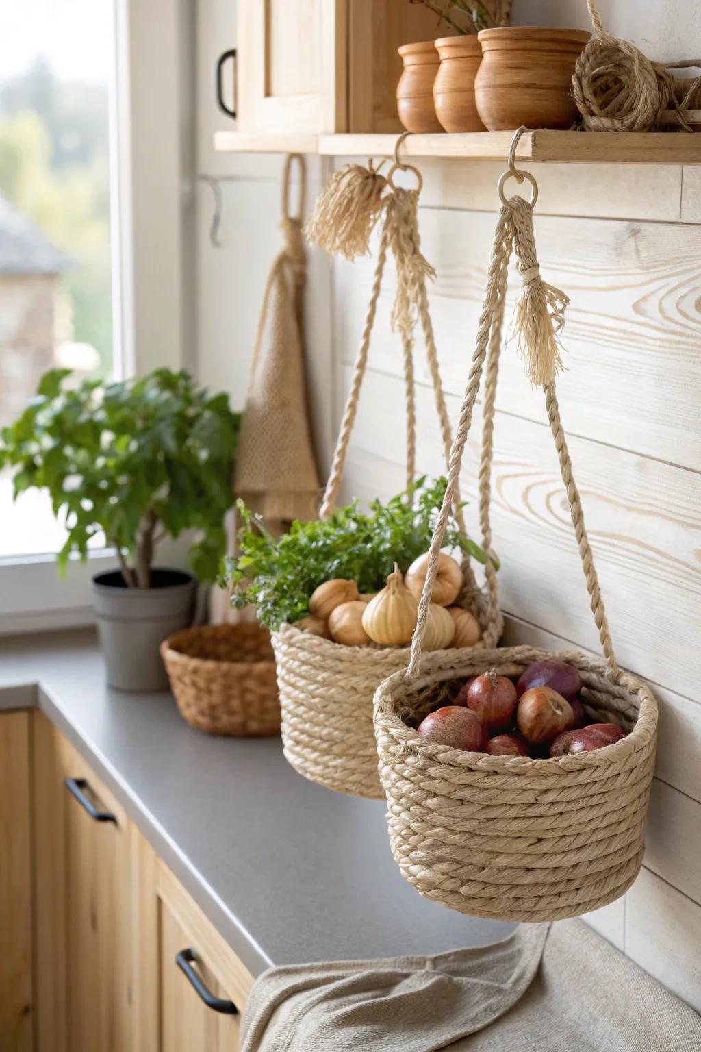 Elevate your storage game with hanging baskets that save space and add style. 🍽️ #SpaceSaving #KitchenHacks
