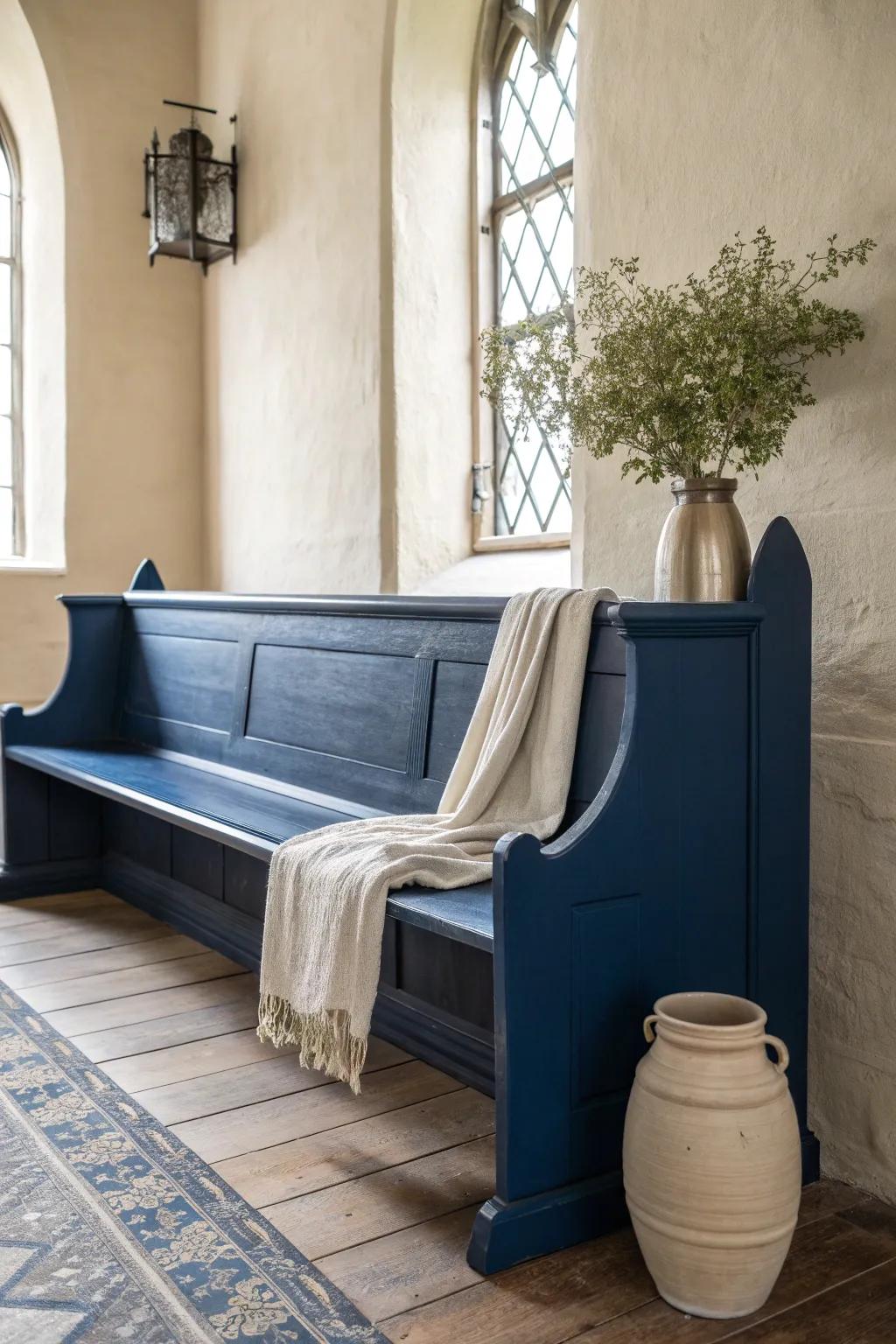 Make a statement with a bold, colorful church pew centerpiece.