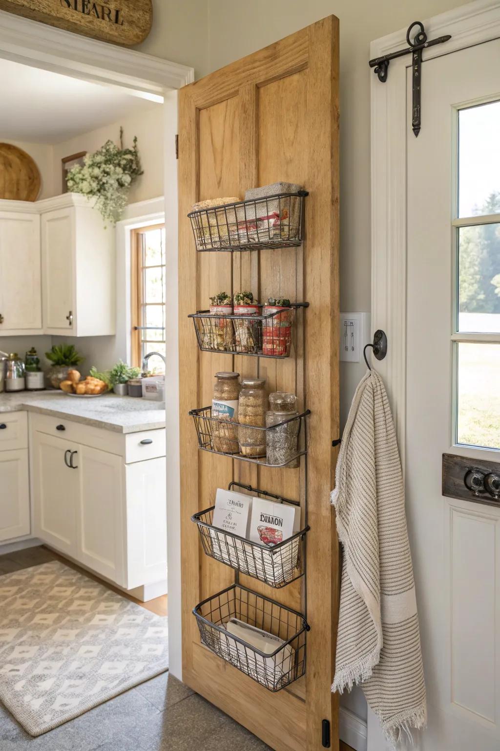 Utilize wire baskets to keep your pantry staples organized and within reach. 🏡 #PantryOrganization #HomeStorage