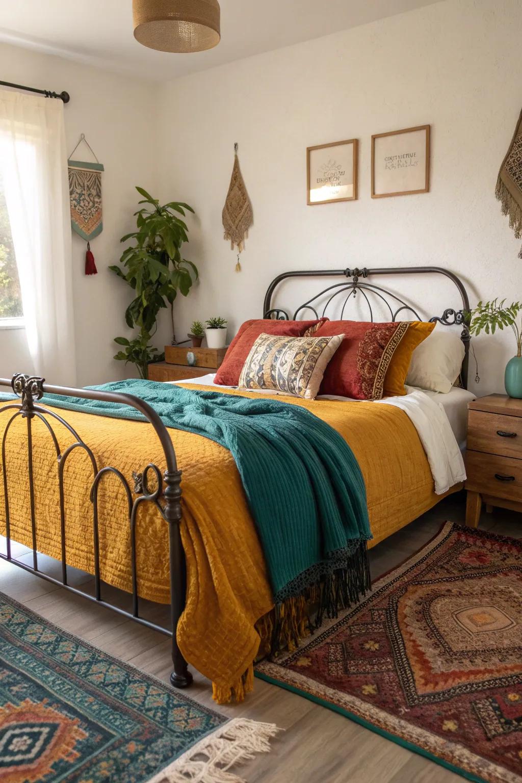 Dive into bohemian bliss, where vibrant colors dance around a classic wrought iron centerpiece. 🌿🛏️ #BohoBedroom #WroughtIronMagic