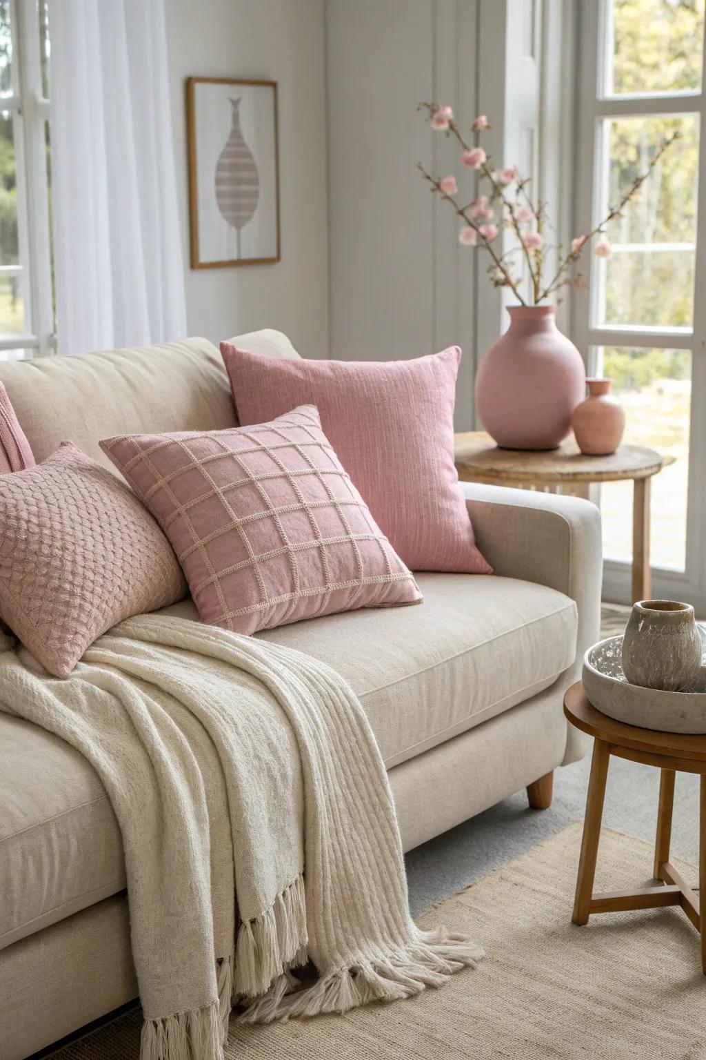 Layer your space with pink throw pillows for a cozy and inviting touch. 🌸 #CozyVibes #LivingRoomInspiration