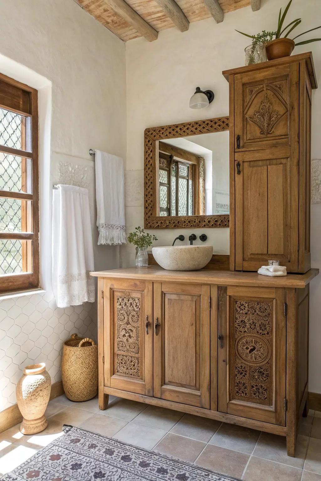 Handcrafted cabinets bring a unique character to your bathroom. #Craftsmanship #HomeStyle 🛠️