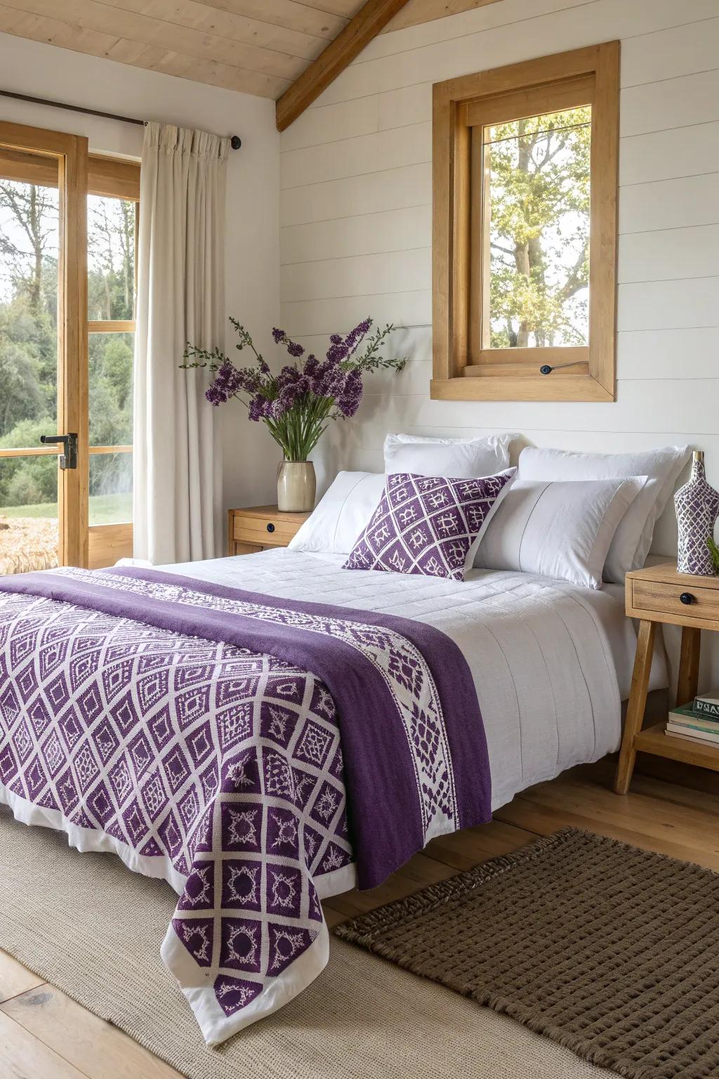 Mixing patterns in purple and white adds a touch of playfulness and sophistication to your bedroom decor.