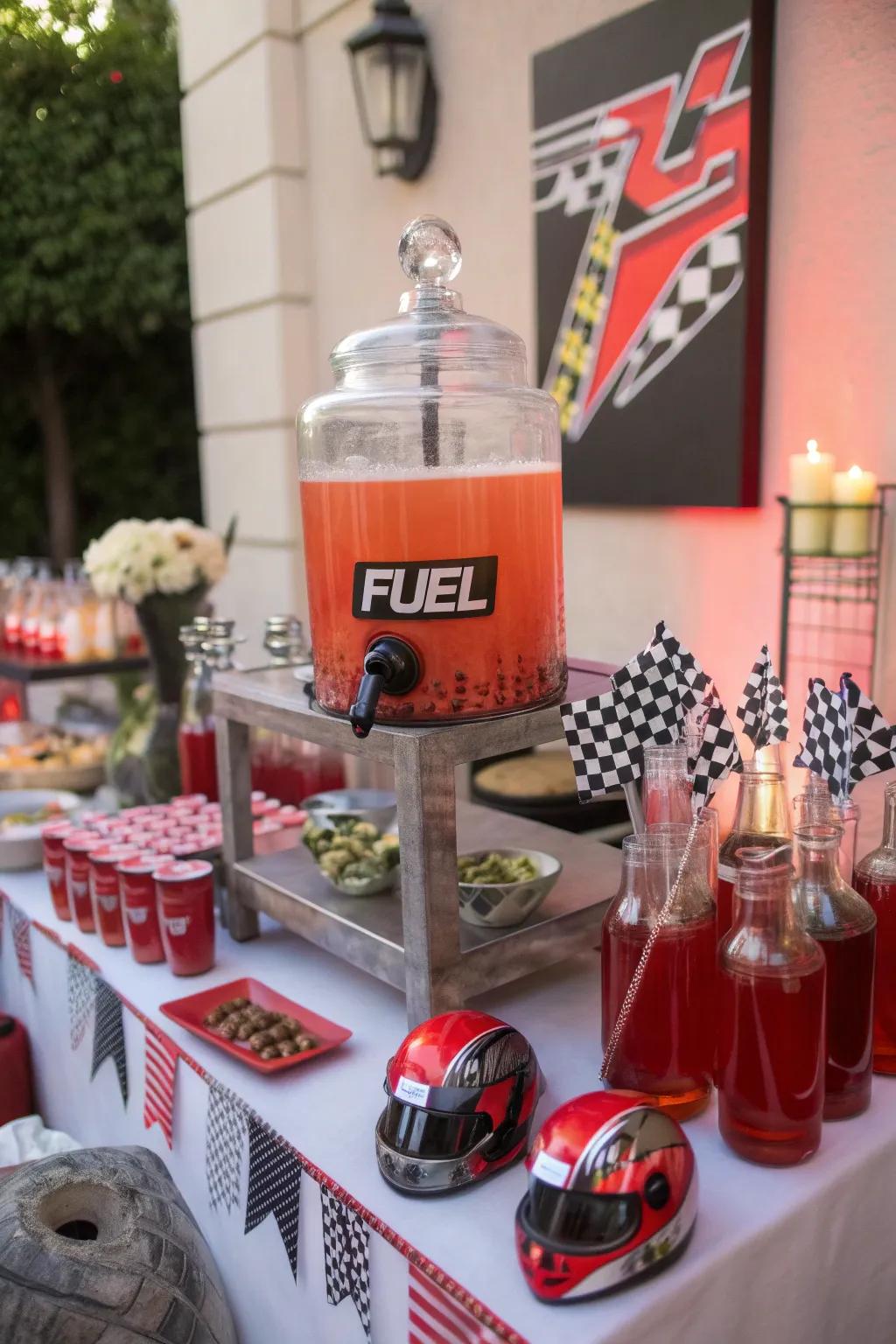 Rev up your party with a 'Fueling Station' drink bar that keeps the energy high. 🚗🥂 #PartyDecor #RaceCarTheme