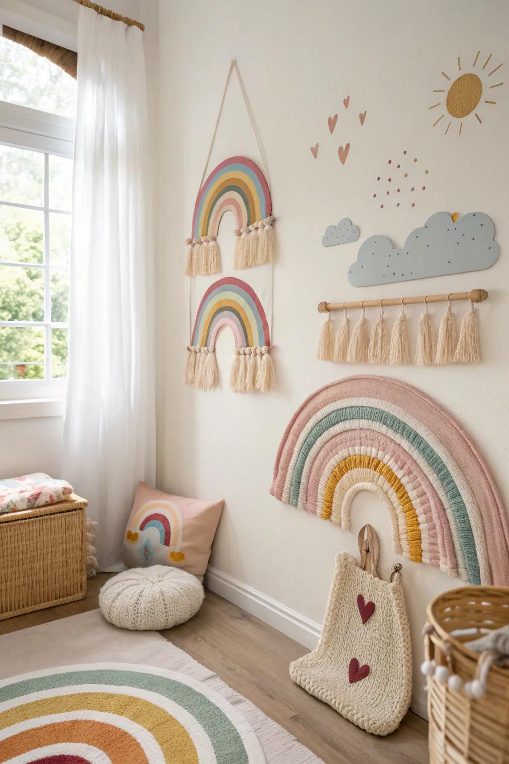 Whimsical wall hangings add a playful touch to this vibrant rainbow-themed room. 🌈 #RoomDecor #HomeInspiration