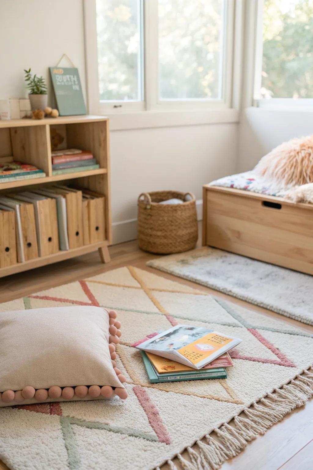 Define your reading space with a cozy rug. 📚🧡 #ClassroomDecor #CozyCorner
