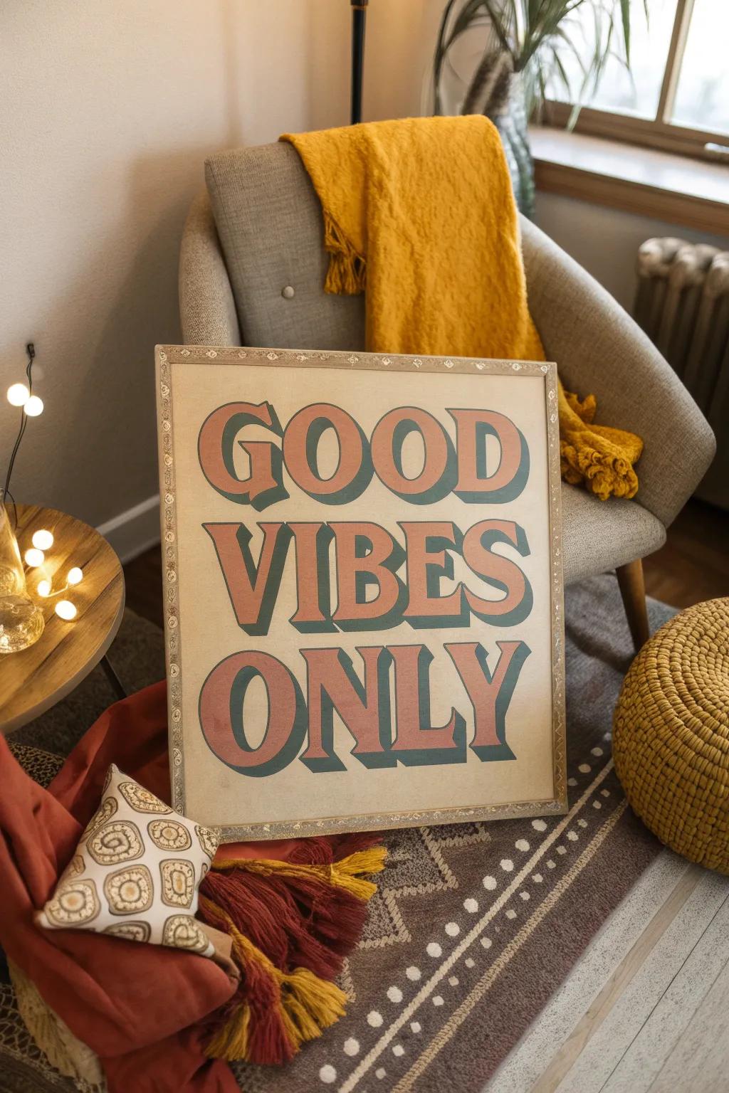 Let positive vibes flow with retro-inspired text art on your walls. ✨ #GoodVibesOnly #RetroArt
