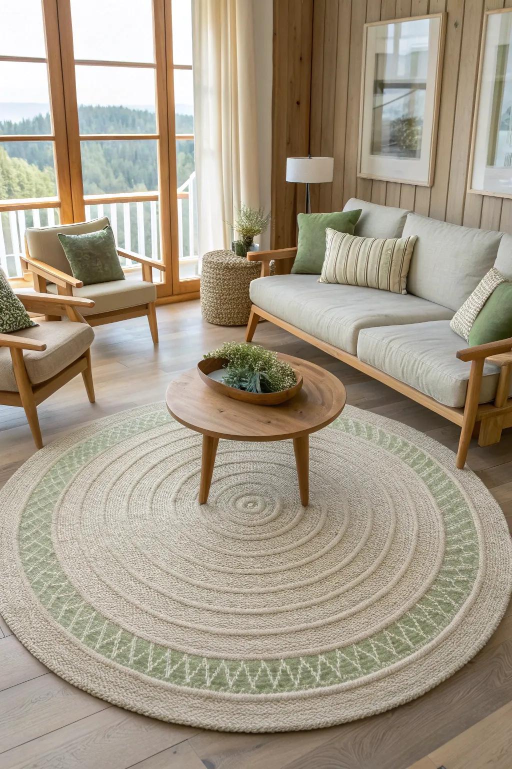 Create a welcoming conversation circle with a round rug and matching furniture. #HomeDecor #InteriorInspiration