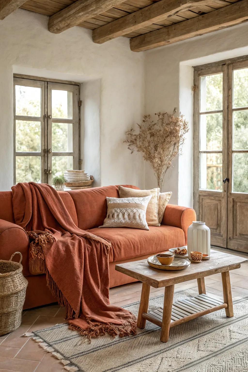Terracotta tones blend beautifully with rust to create a harmonious living room palette. 🍂 #Terracotta #WarmDecor #LivingRoomStyle