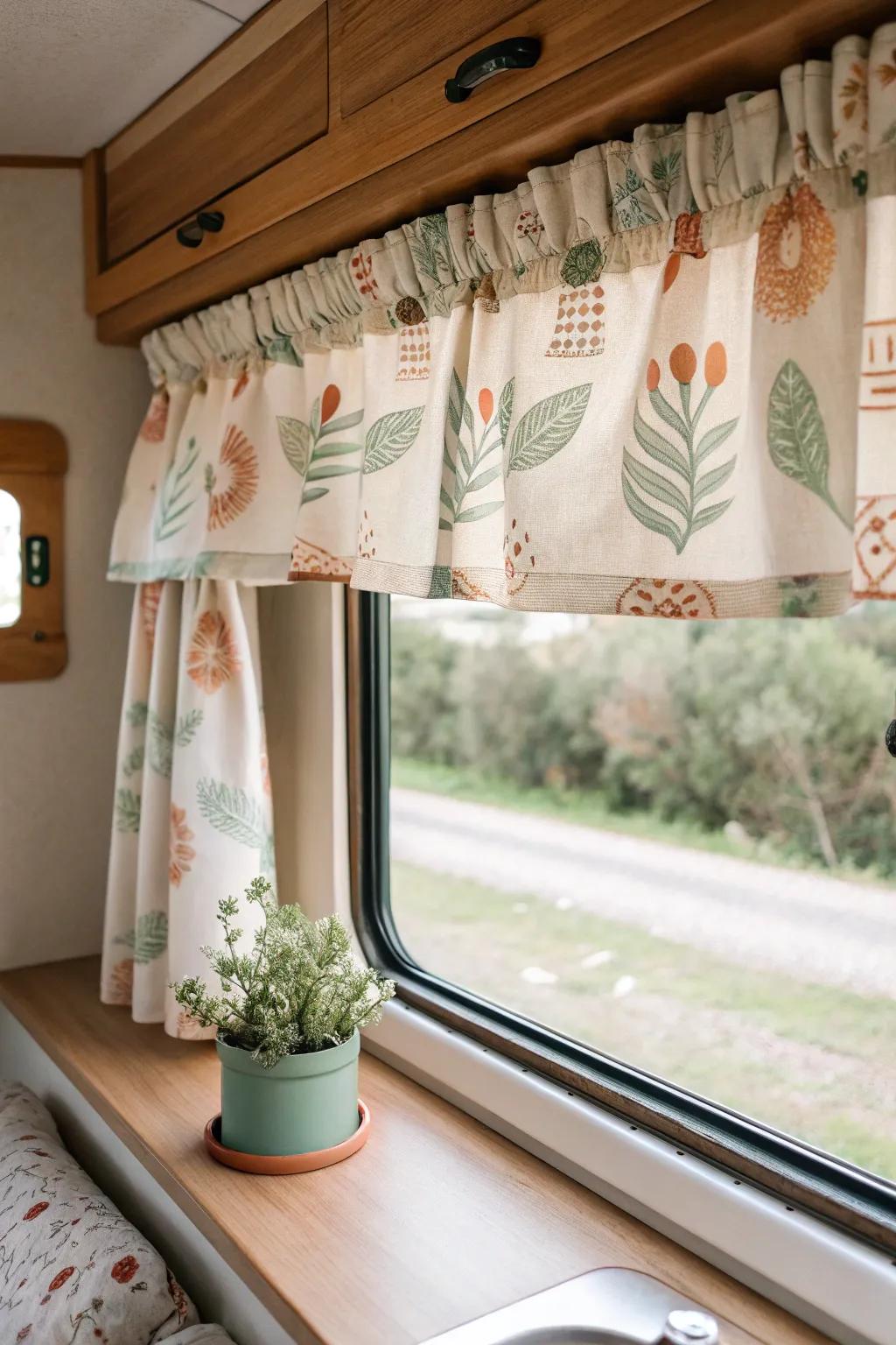 Add a splash of personality with patterned valances! #PatternPlay #RVStyle 🎨