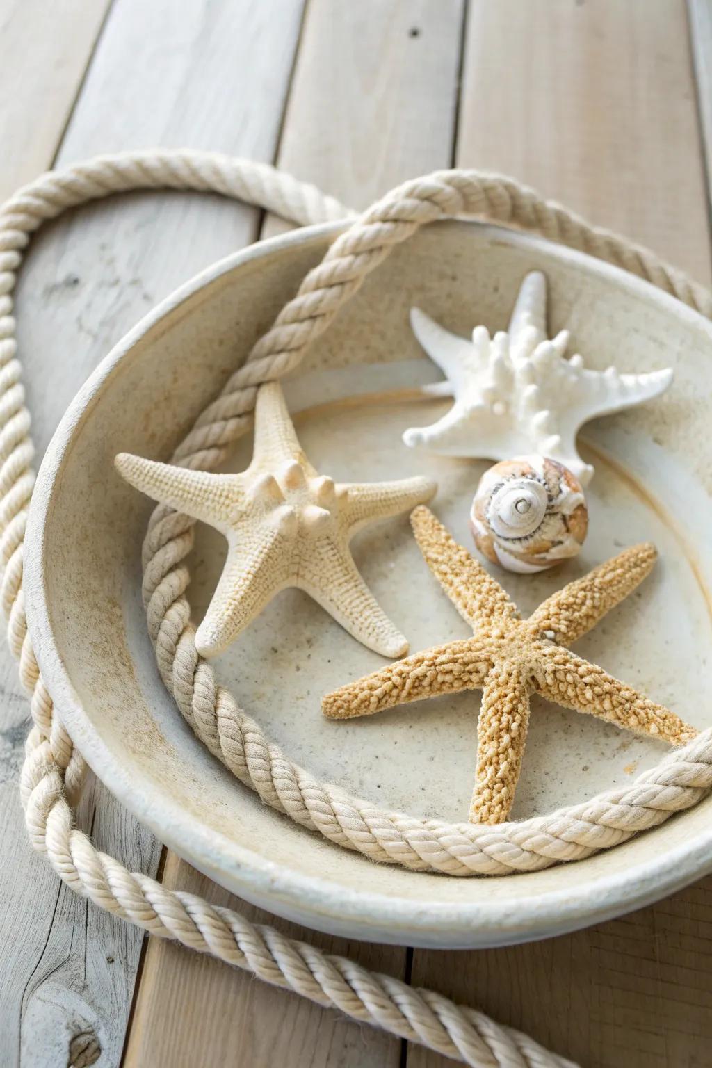 Embrace coastal elegance with starfish and rope, a simple yet striking centerpiece for your beach-themed decor. 🌊 #BeachDecor #CoastalVibes