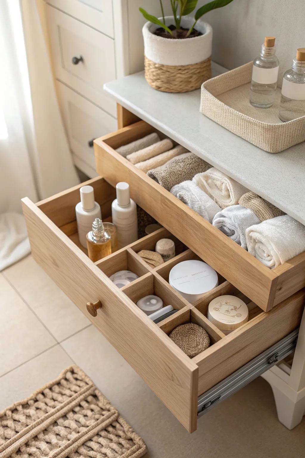 Drawer dividers bring order to chaos, making your skincare routine smoother. #DrawerOrganization #BeautyRoutine
