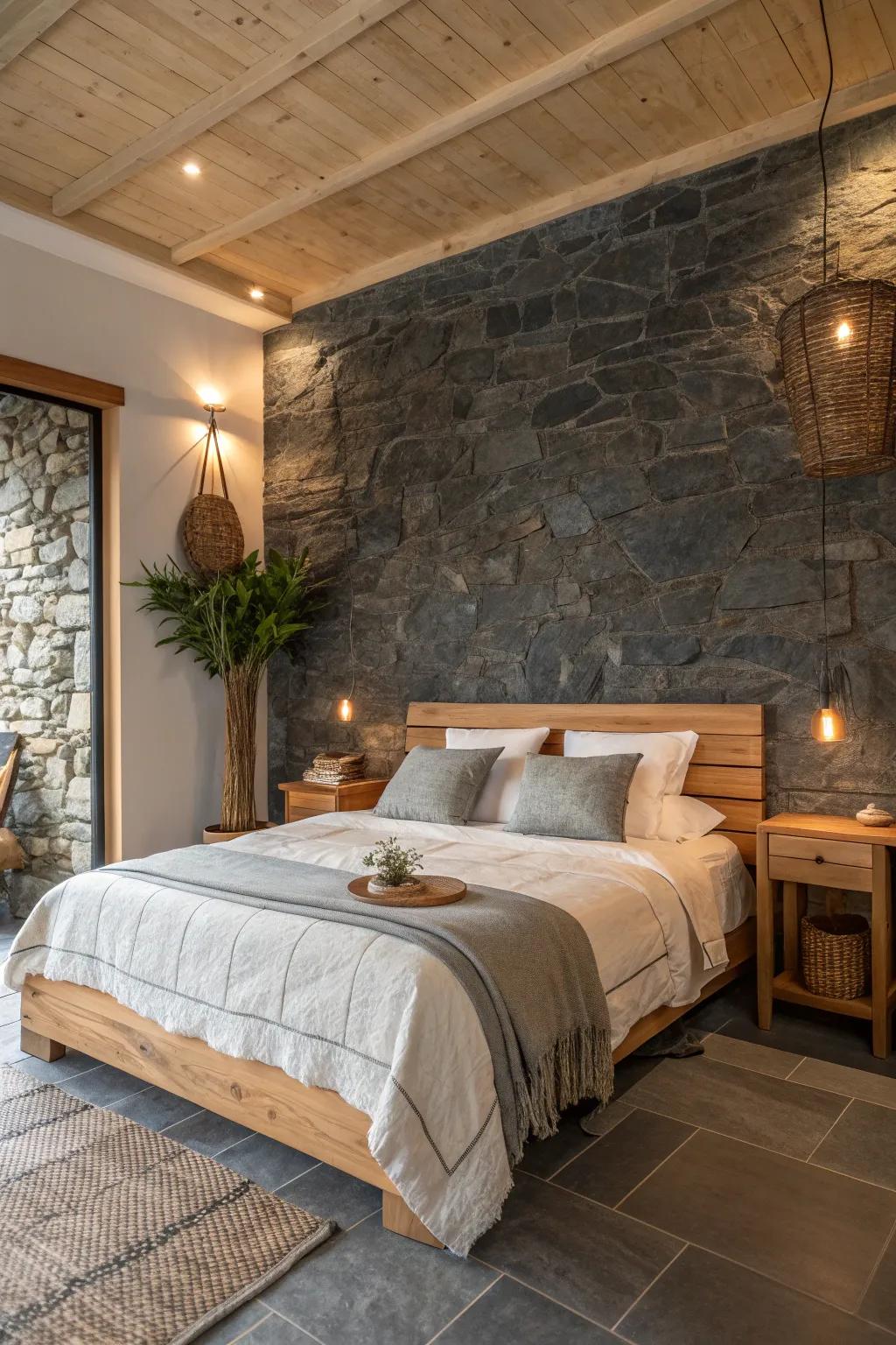 Transform your bedroom with a slate accent wall that creates a luxurious, restful retreat. 🛏️ #BedroomInspiration #SlateDesign