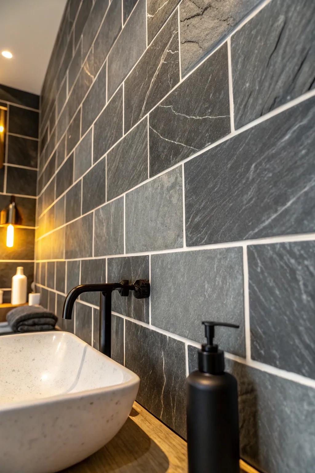Make your slate tiles pop with contrasting grout that highlights their natural beauty. 🖤✨ #BathroomGoals #SlateStyle #InteriorDesign
