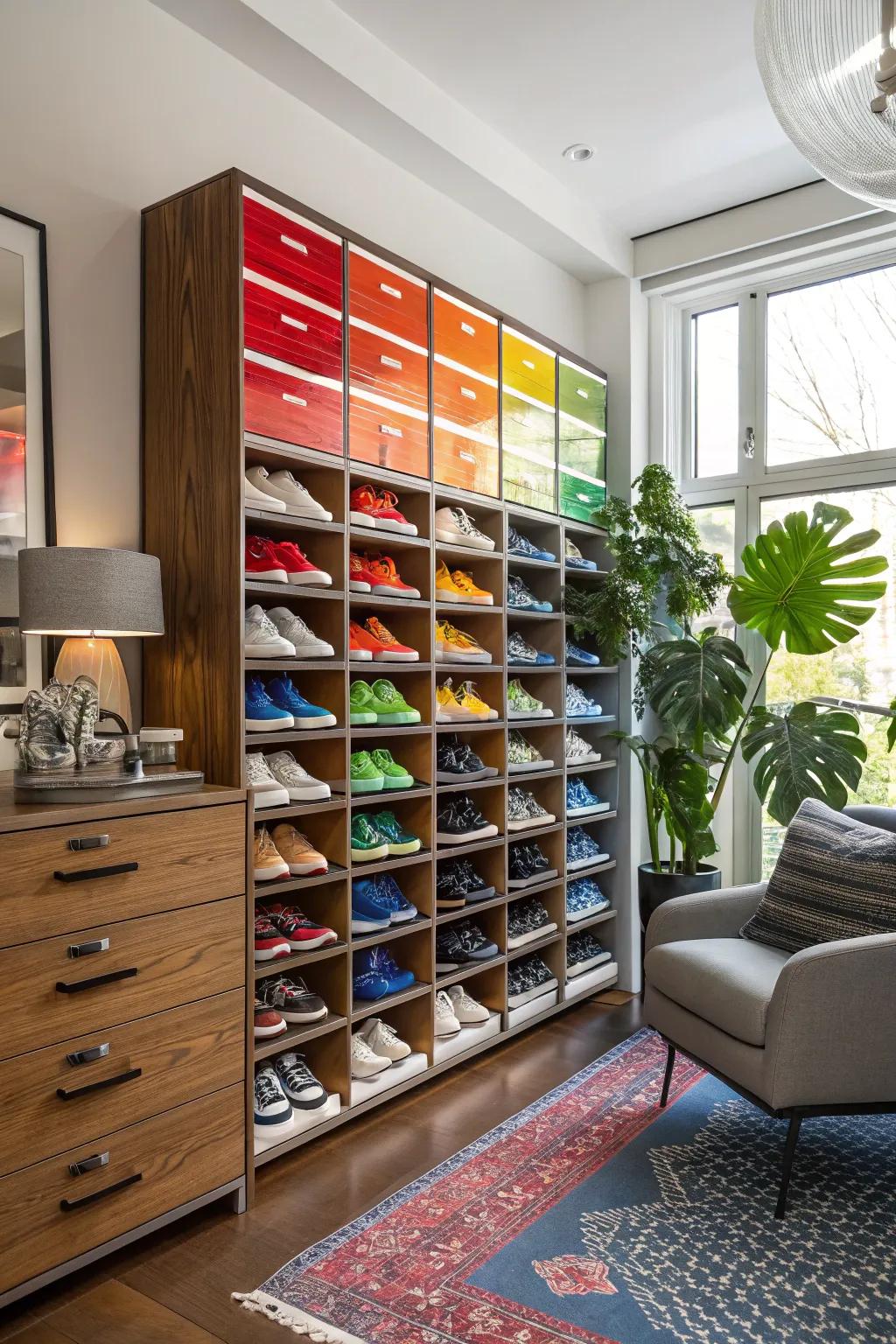 Color-code your sneakers for a display that's as organized as it is eye-catching. #ColorfulHomes #OrganizationGoals
