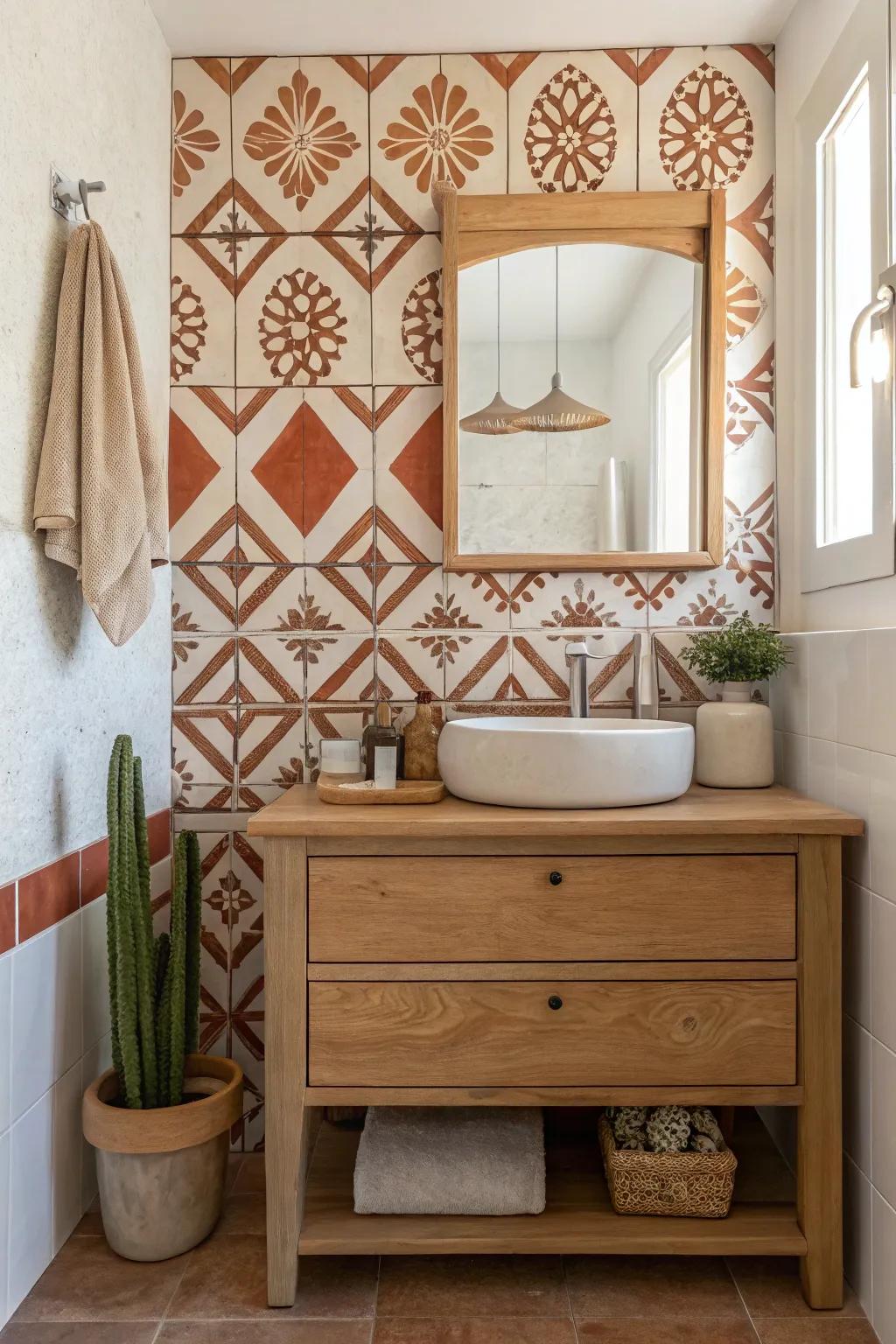 Get creative with patterned tiles that add southwestern flair to your bathroom design. #TileDesign #BathroomStyle