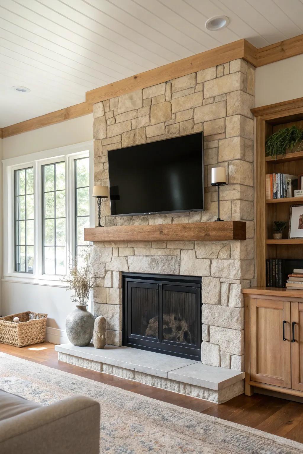 Maximize functionality with a TV above your warm, inviting fireplace #LivingRoomGoals #HomeEntertainment