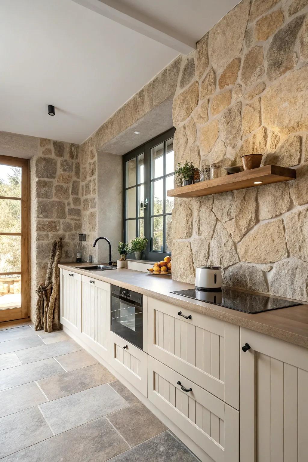 Elevate your kitchen's style with a full-wall stone backsplash that makes a bold design statement. 🌟 #KitchenInspiration #HomeDecor #StoneDesign