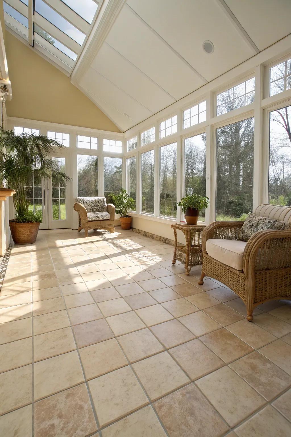 Light and neutral tiles create a bright and airy sunroom, perfect for relaxation.