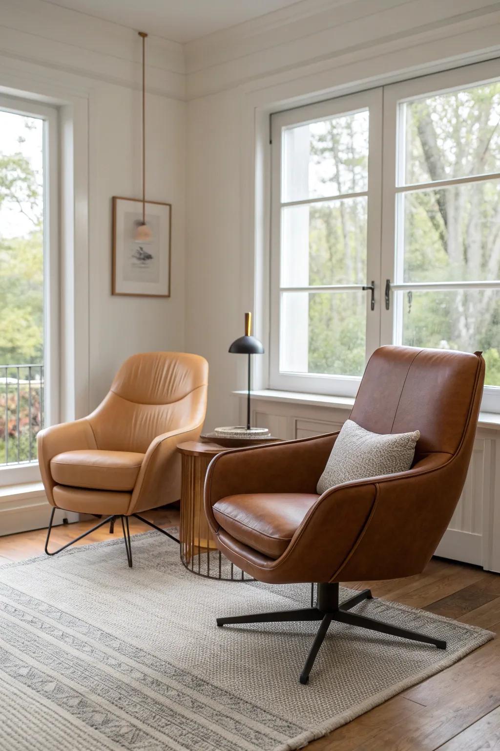 Mix and match textures with leather and fabric swivel chairs. #HomeDecor #LivingRoom