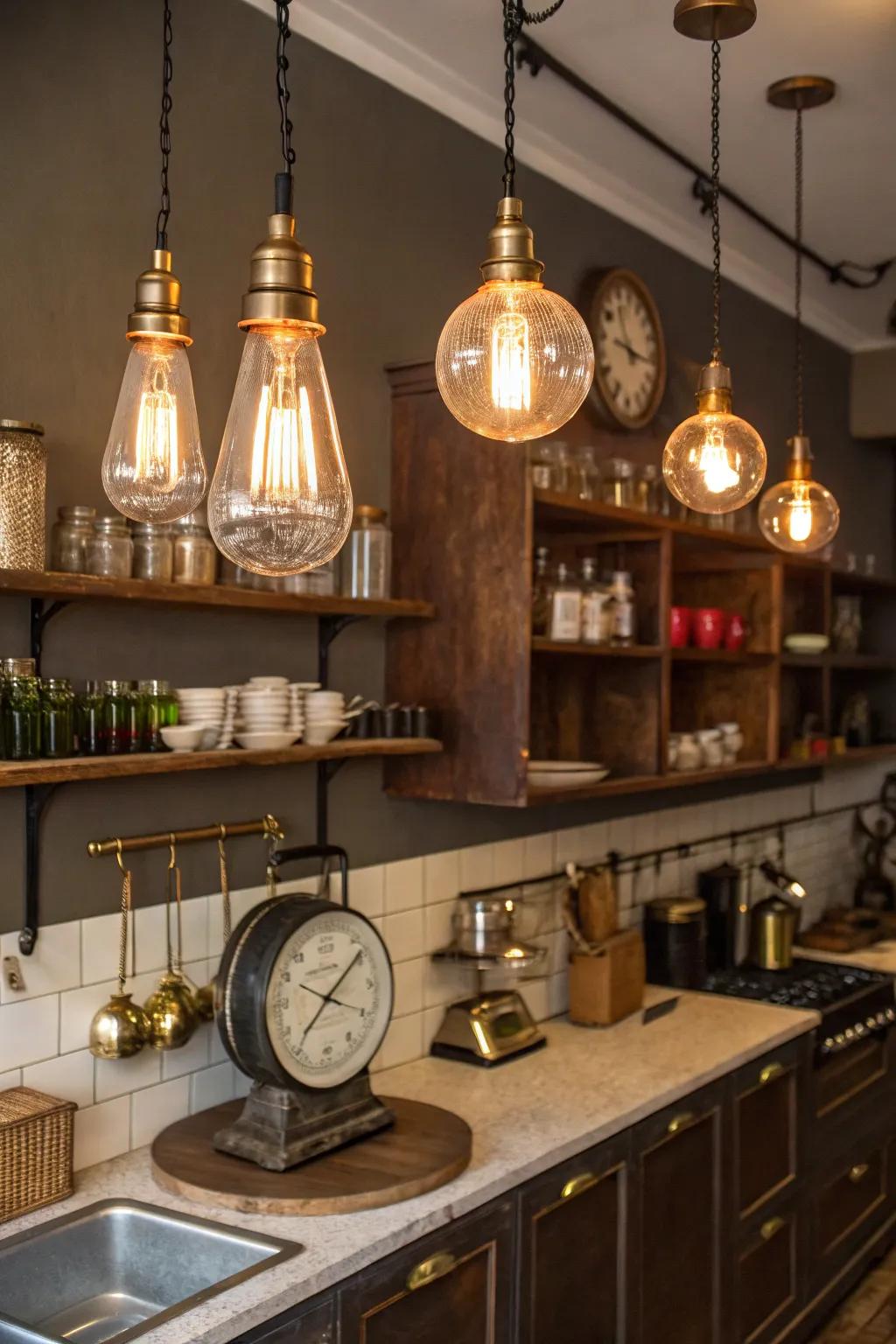 ✨ Let the warm glow of Edison bulbs illuminate your kitchen with vintage charm. #EdisonBulbs #VintageVibes